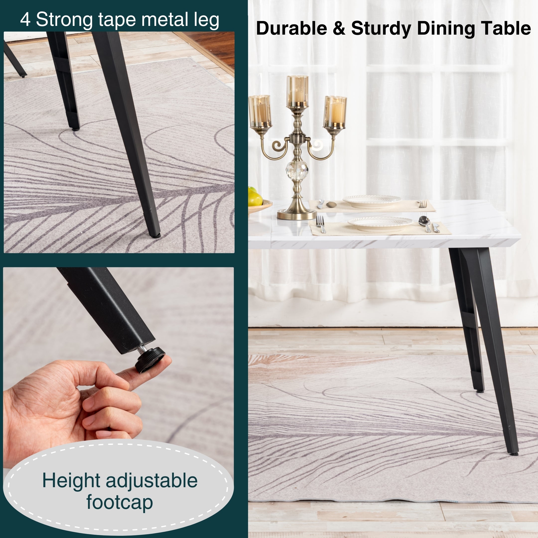 Stan 5PC Dining Set with 63” Table in White Marble Top finish with 4 Pomona Upholstered Chairs