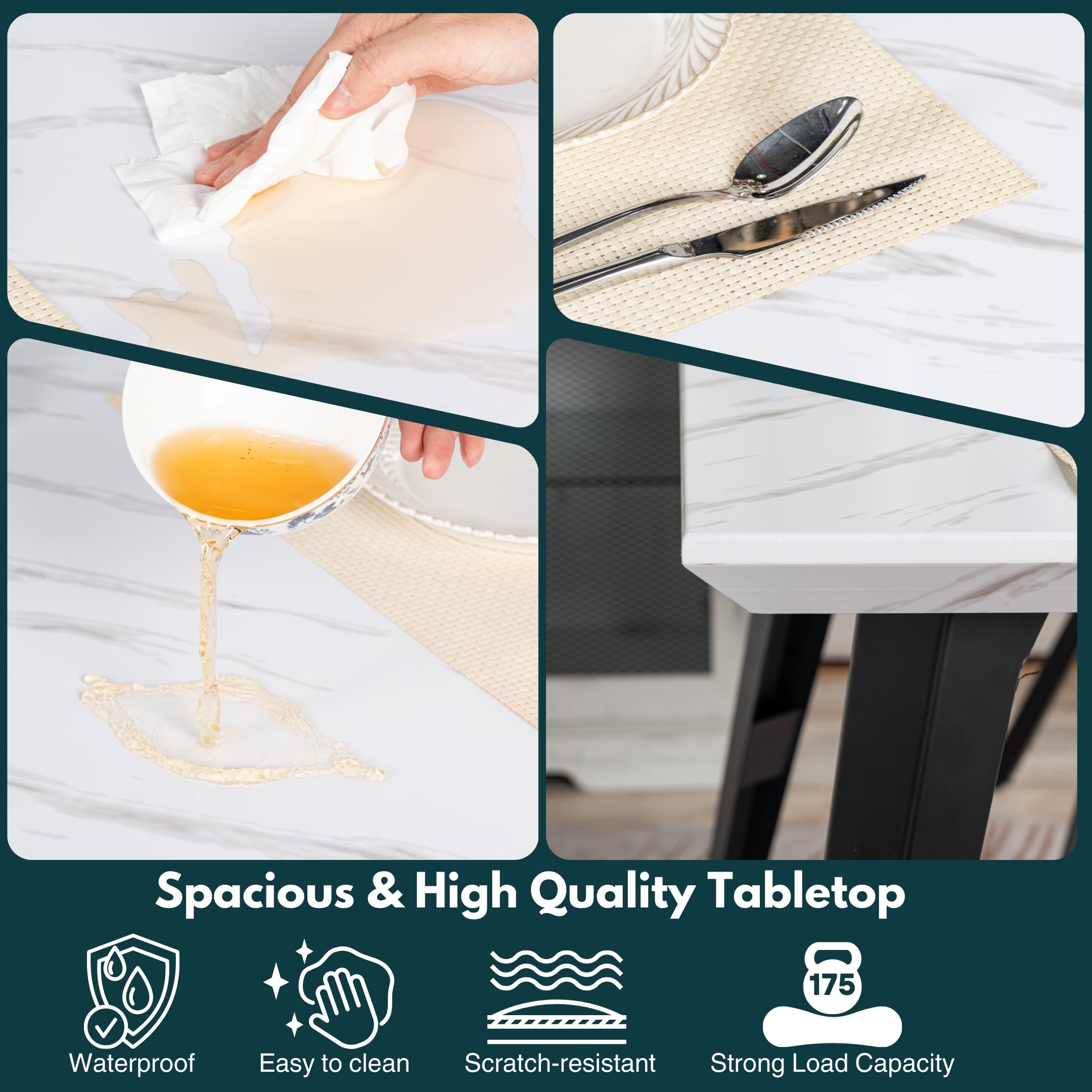 Stan 5PC Dining Set with 63” Table in White Marble Top finish with 4 Pomona Upholstered Chairs