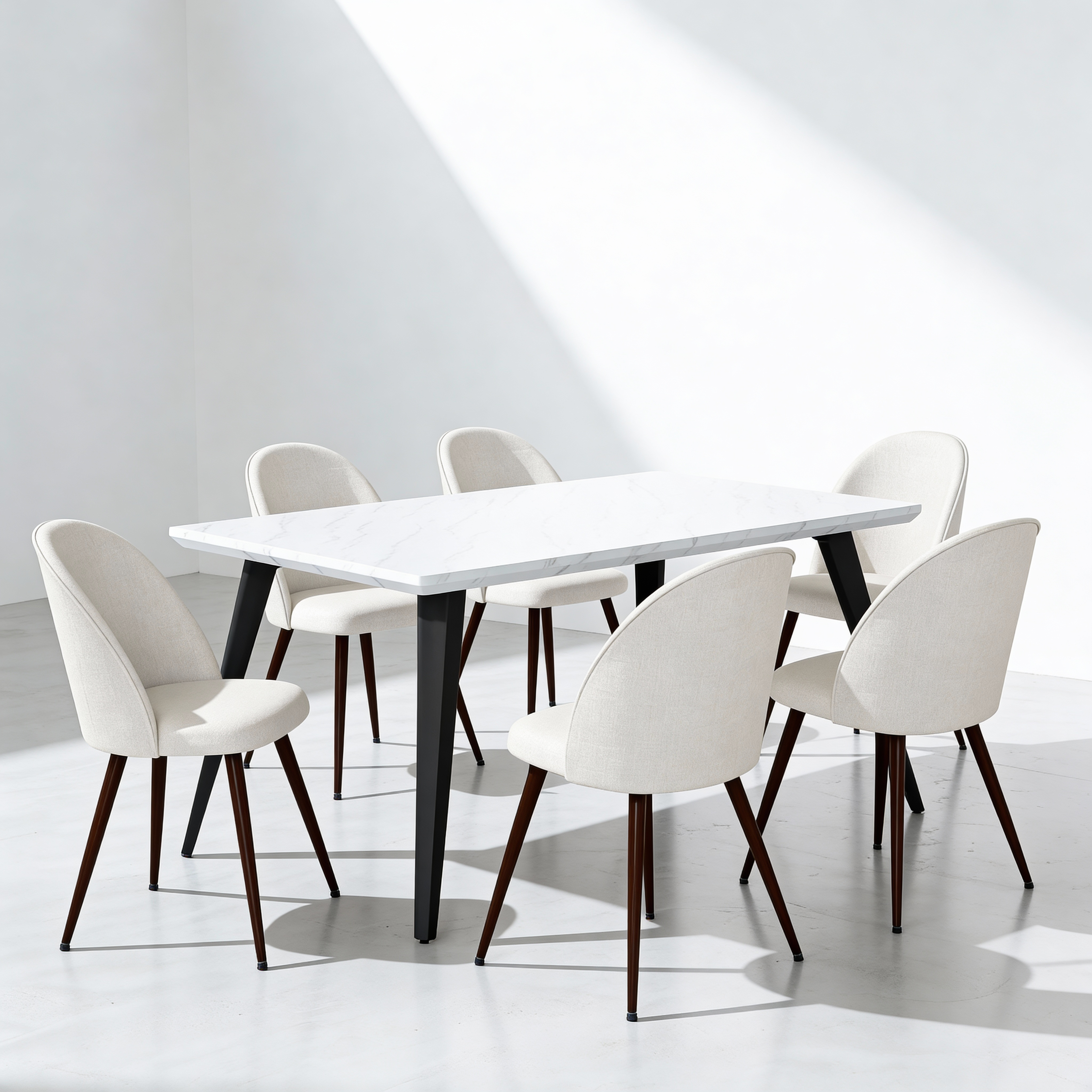 Stan 7 Piece White Marble Dining Table Set 63” Table with 6 Haven Upholstered Chairs