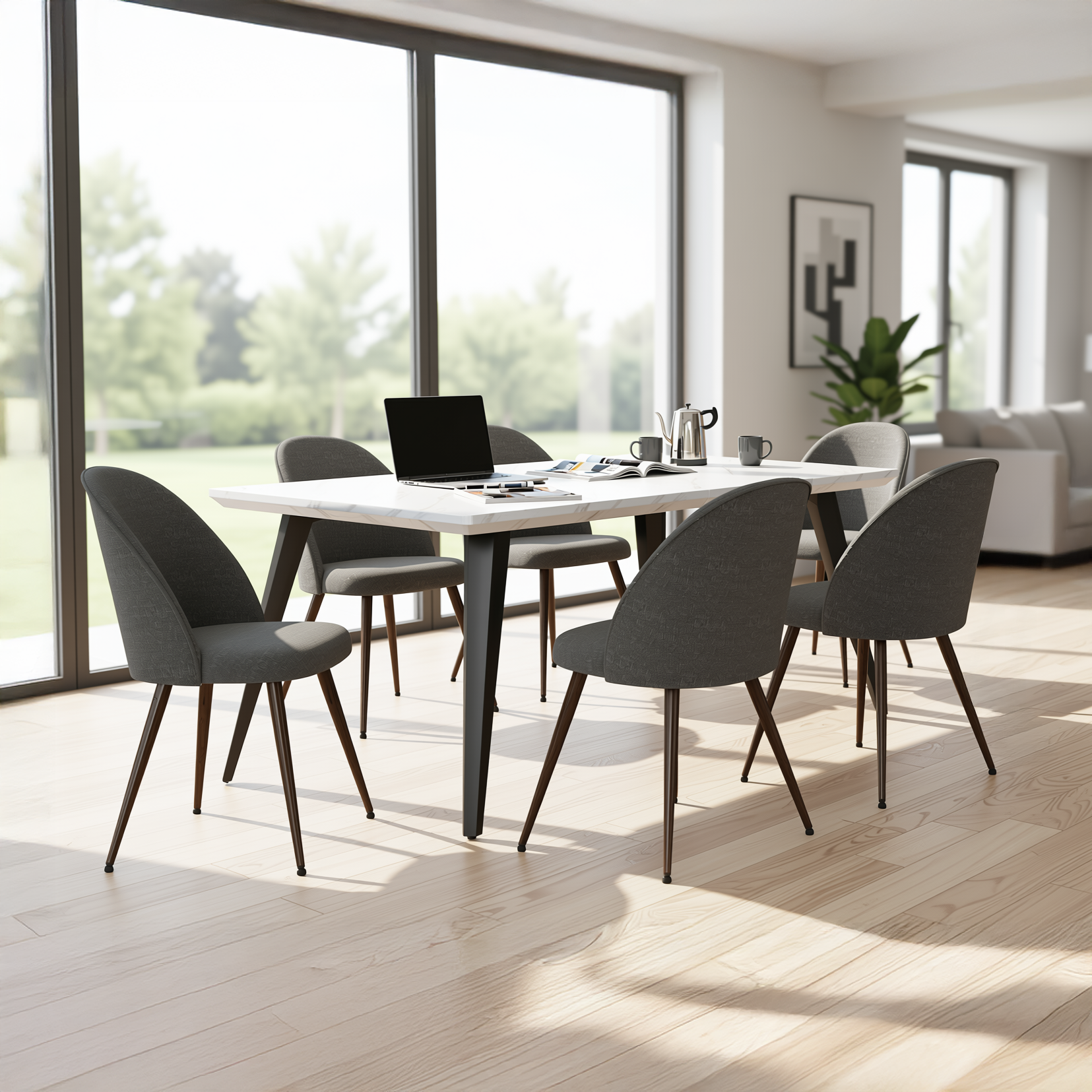 Stan 7 Piece White Marble Dining Table Set 63” Table with 6 Haven Upholstered Chairs