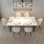 Stan 7PC Dining Set 63” Table in White Marble Top Finish with 6 Haven Upholstered Chairs Beige Fabric