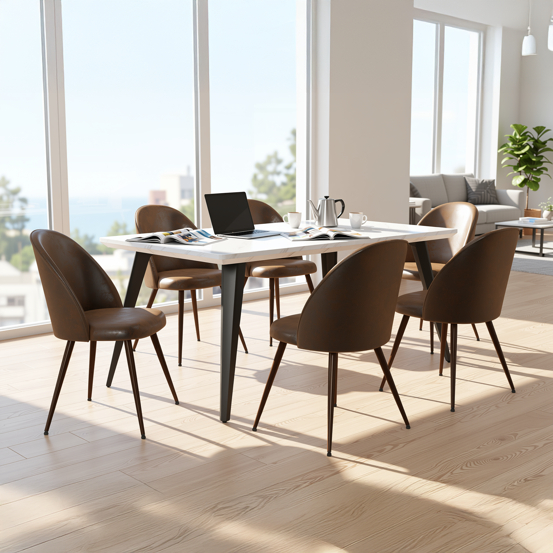 Stan 7 Piece White Marble Dining Table Set 63” Table with 6 Haven Upholstered Chairs