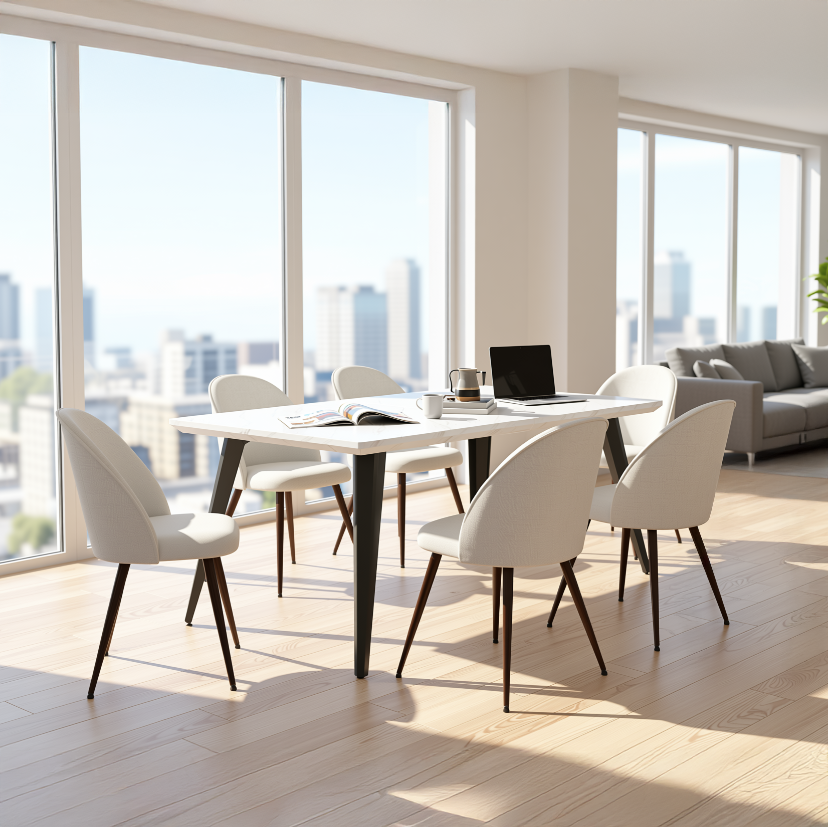 Stan 7 Piece White Marble Dining Table Set 63” Table with 6 Haven Upholstered Chairs