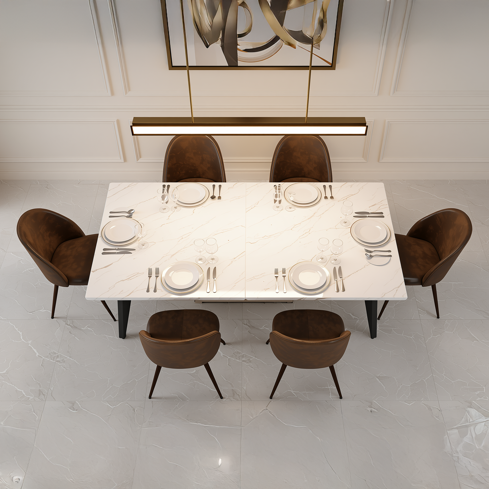 Stan 7 Piece White Marble Dining Table Set 63” Table with 6 Haven Upholstered Chairs