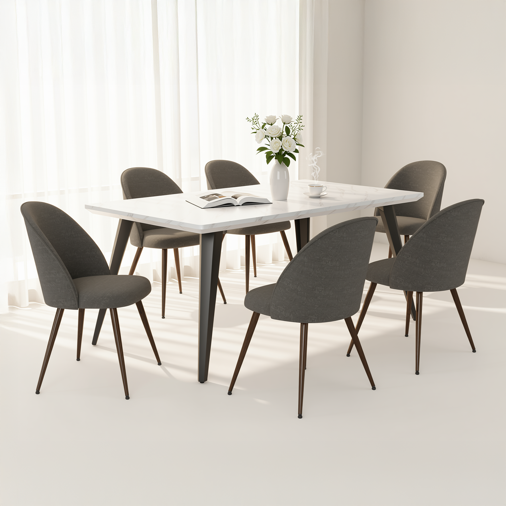 Stan 7 Piece White Marble Dining Table Set 63” Table with 6 Haven Upholstered Chairs