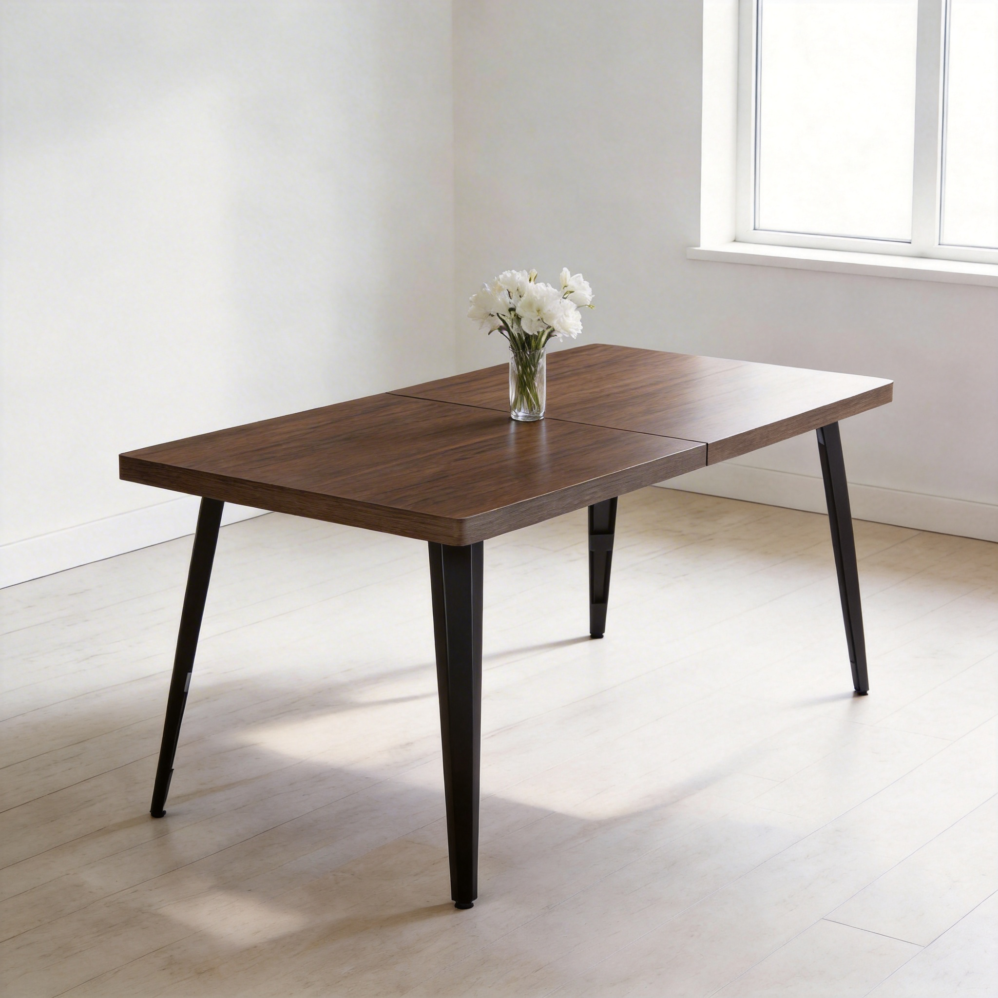 Homy Casa Stan 63" Dining Table with Wood Grain Top and Black Metal Legs, Dark Brown,Open Box
