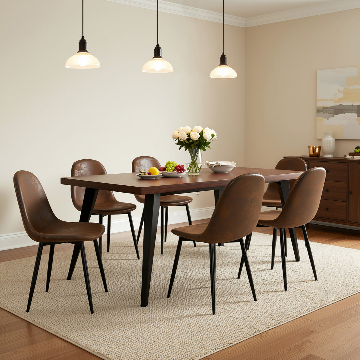 Homy Casa STAN+CHARLTON 5PC Dining Set 63" Brown Dining Table with 4 Charlton Suede Dining Chairs in Dark Brown Open Box