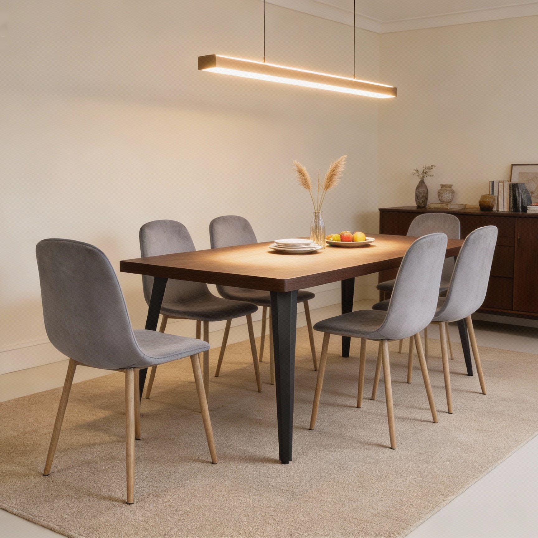 Homy Casa Stan 5 Piece Walnut Dining Table Set 63” Table with 4 Velvet Grey Charlton Upholstered Chairs