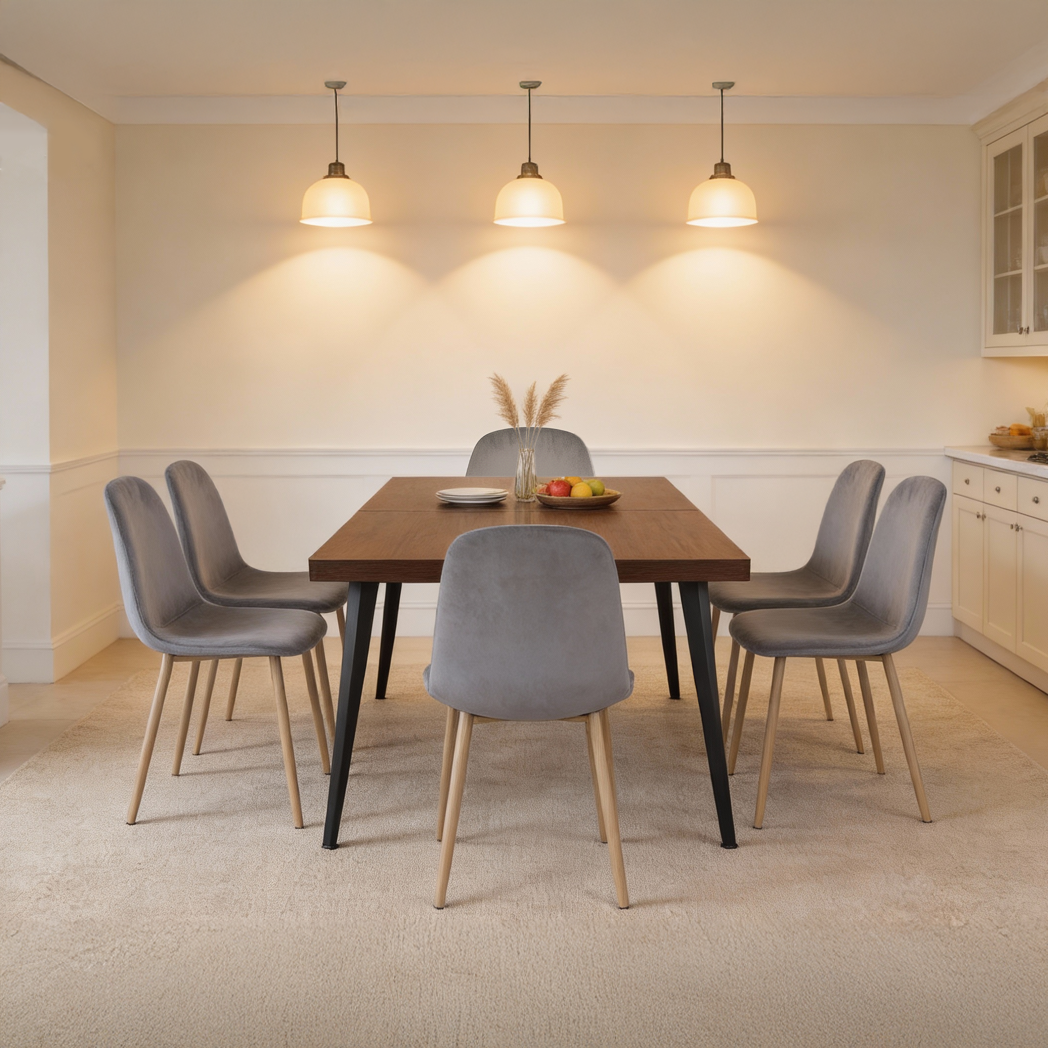 Homy Casa Stan 5 Piece Walnut Dining Table Set 63” Table with 4 Velvet Grey Charlton Upholstered Chairs