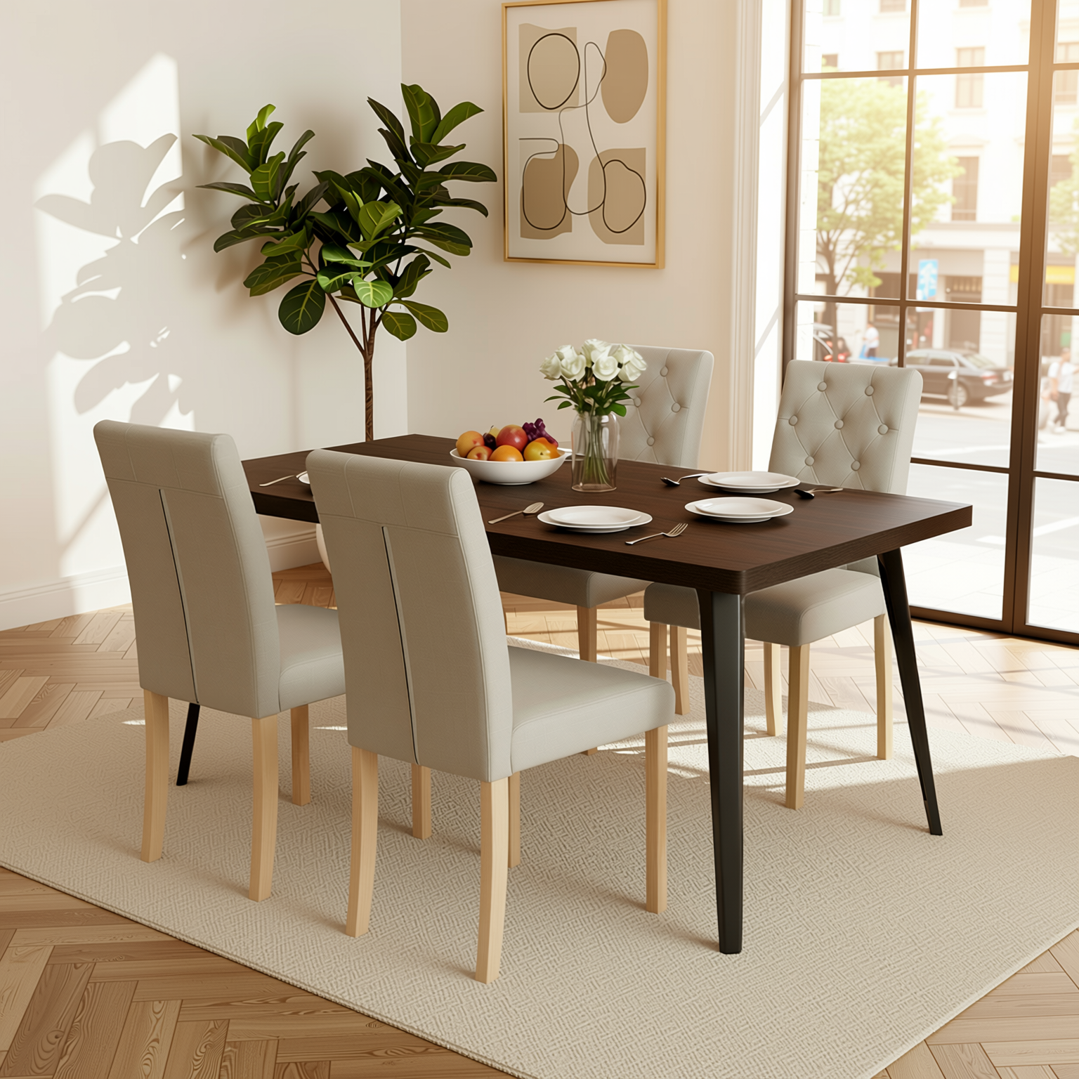 Homy Casa Stan 5PC Dining Set 63” Walnut Table with 4 Douro Grey Upholstered Fabric Chairs