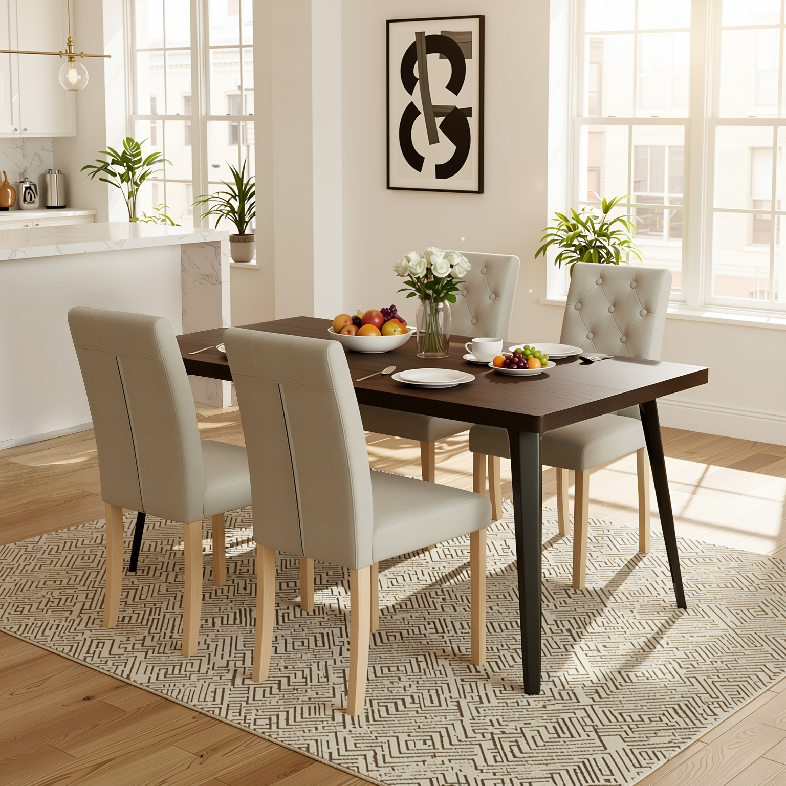 Homy Casa Stan+Douro 5 PC Dining Set 63" Dark Brown Dining Table with 4 Beige Chairs