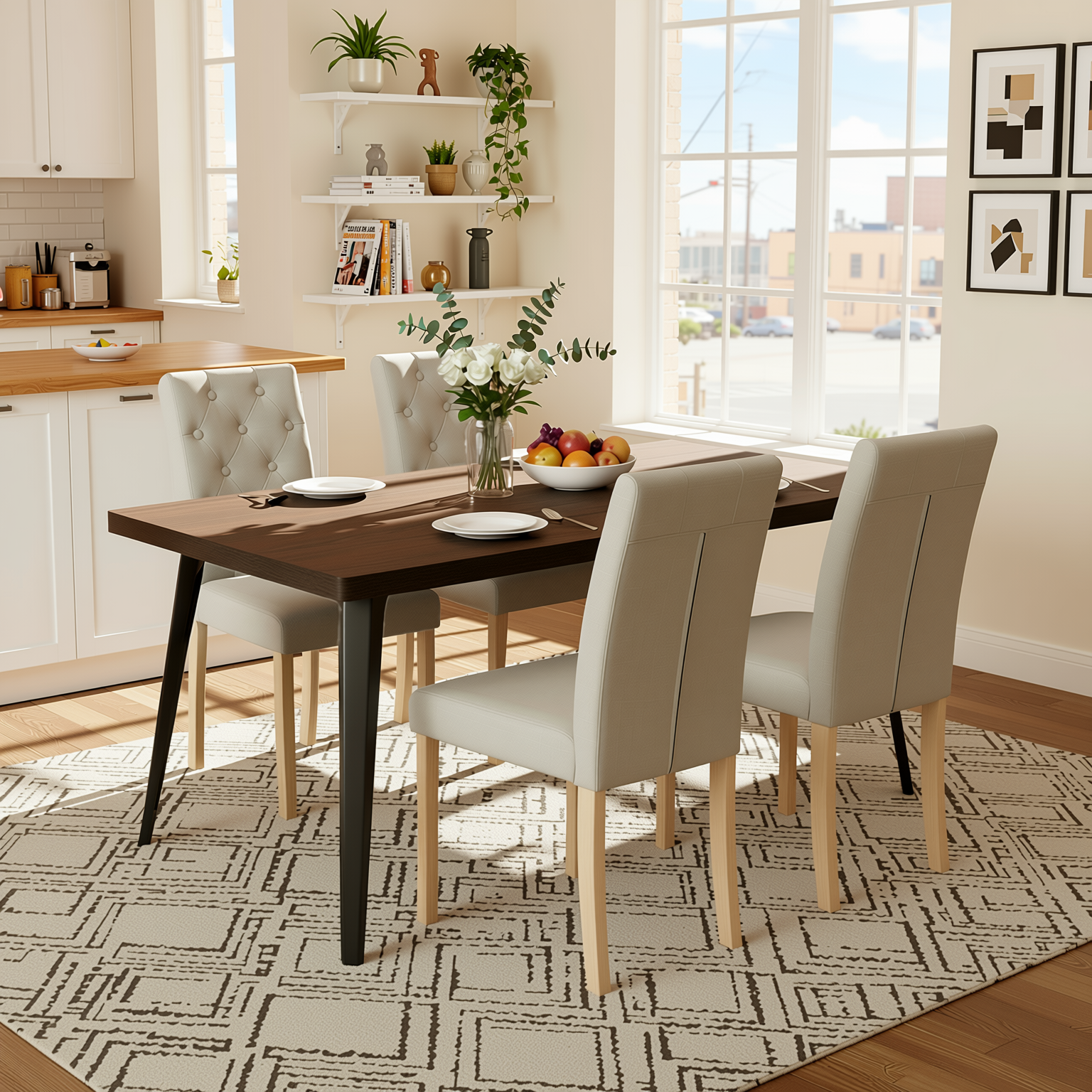 Homy Casa Stan+Douro 5 PC Dining Set 63" Dark Brown Dining Table with 4 Beige Chairs