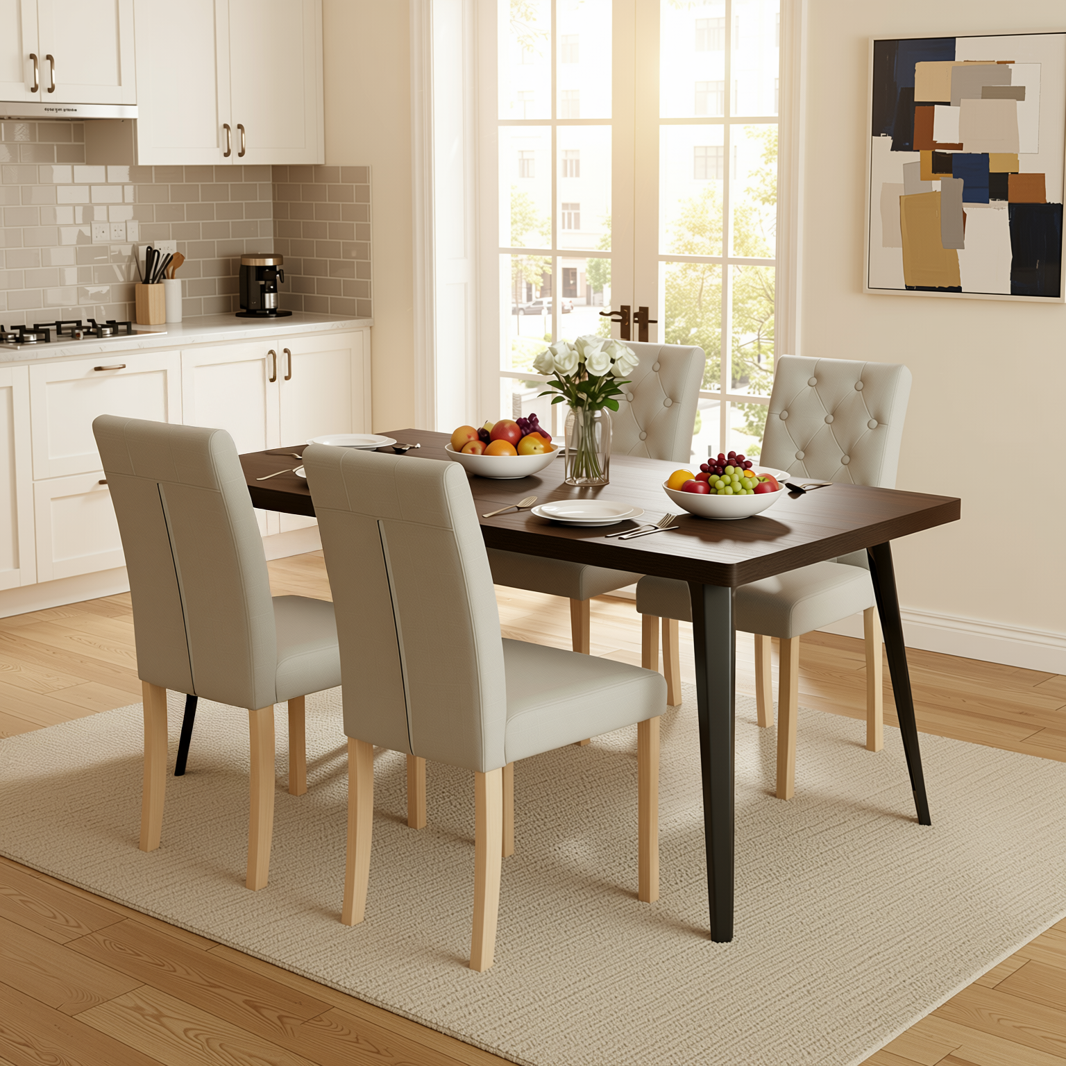 Homy Casa Stan 5PC Dining Set 63” Walnut Table with 4 Douro Grey Upholstered Fabric Chairs