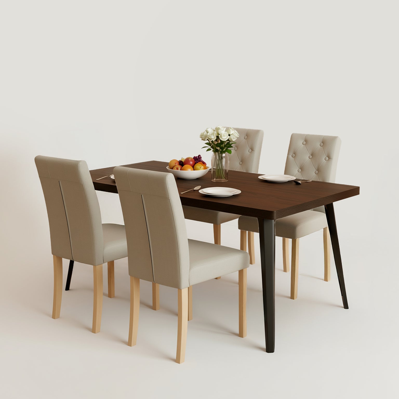 Homy Casa Stan 5PC Dining Set 63” Walnut Table with 4 Douro Grey Upholstered Fabric Chairs