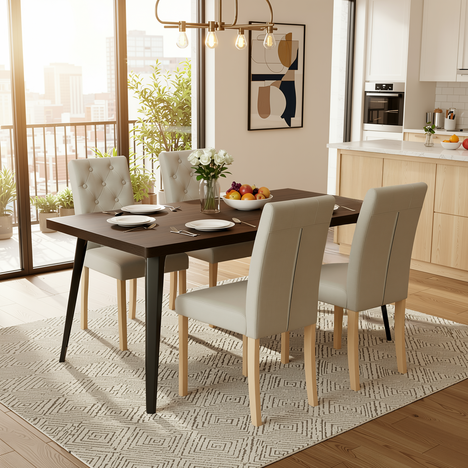 Homy Casa Stan 5PC Dining Set 63” Walnut Table with 4 Douro Grey Upholstered Fabric Chairs