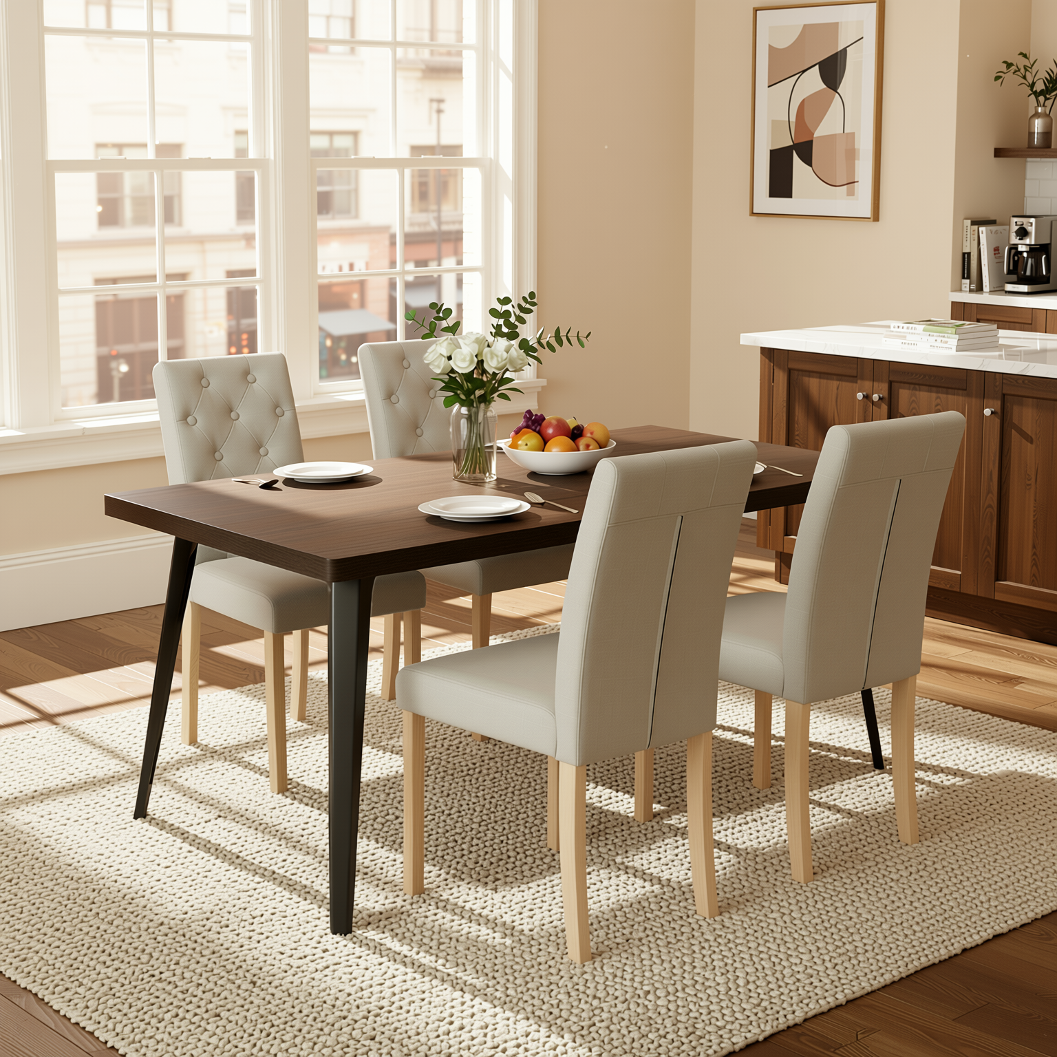 Homy Casa Stan+Douro 5 PC Dining Set 63" Dark Brown Dining Table with 4 Beige Chairs