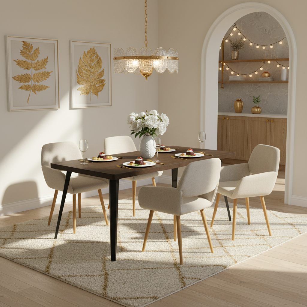Stan 5 Piece Walnut Dining Table Set with 4 Mayfair Upholstered Chairs, Beige