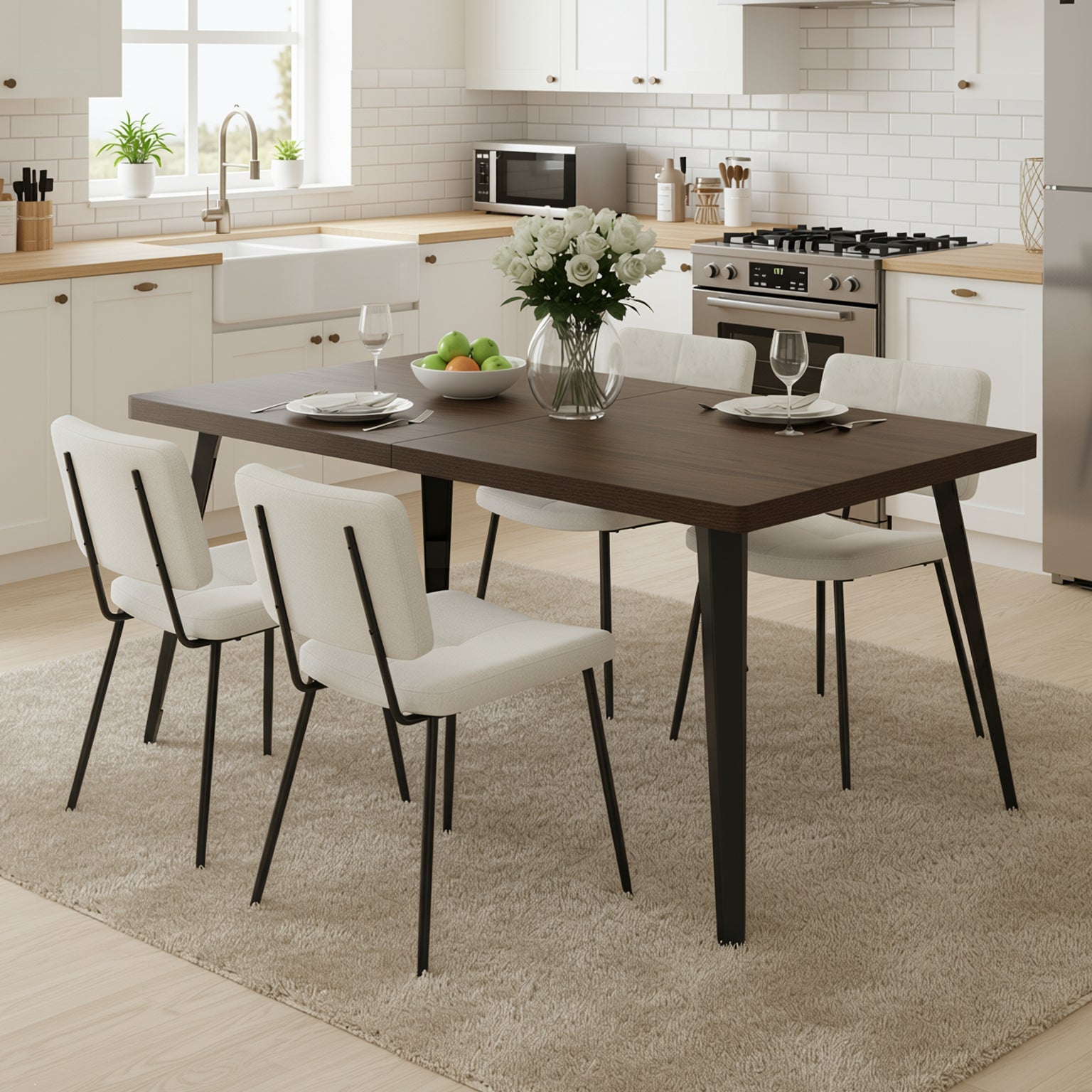 Homy Casa Stan 5PC Walnut Dining Set 63” Brown Table with 4 Pomona Beige Upholstered Chairs