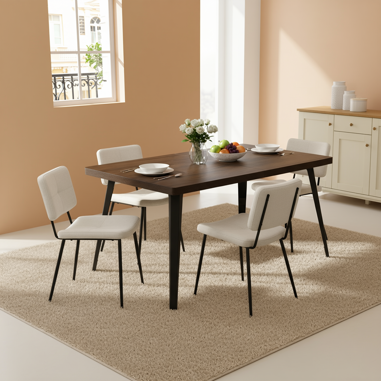 Homy Casa Stan 5PC Walnut Dining Set 63” Brown Table with 4 Pomona Beige Upholstered Chairs