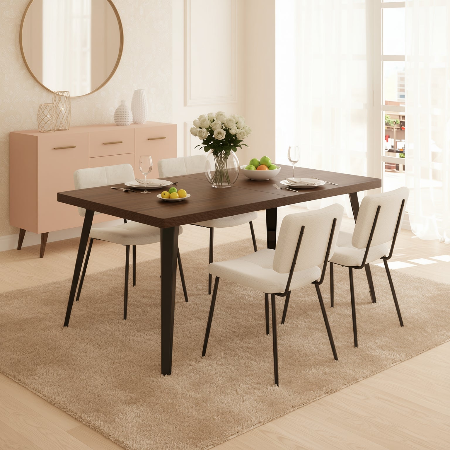 Homy Casa Stan 5PC Walnut Dining Set 63” Brown Table with 4 Pomona Beige Upholstered Chairs