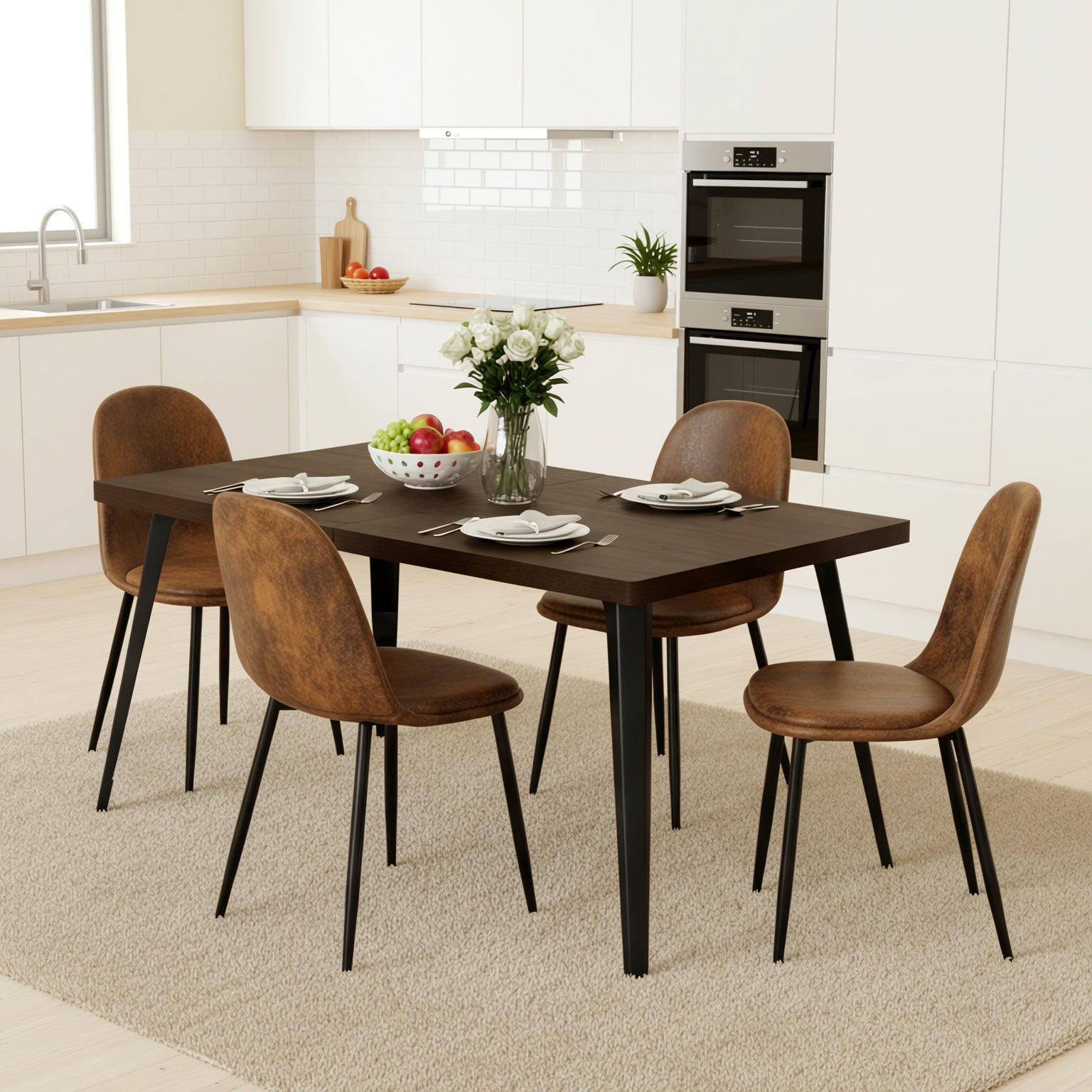 Homy Casa Stan 5PC Dining Table Set 63” Walnut Finish Table with 4 Charlton Suede Brown Upholstere