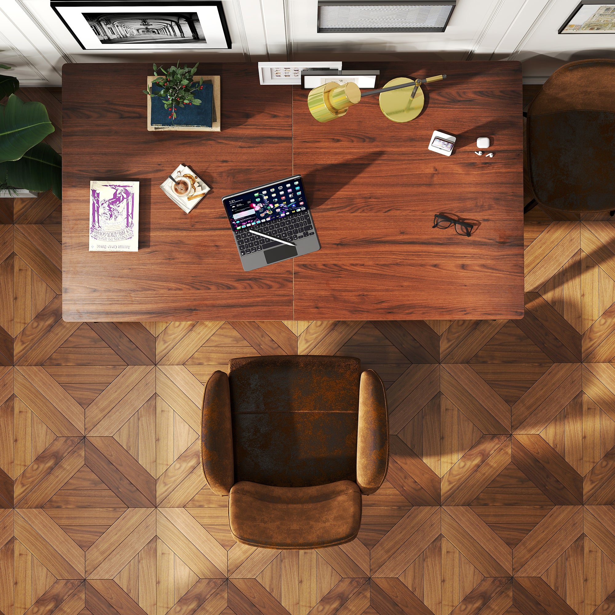 Homy Casa Stan 63" Dining Table with Wood Grain Top and Black Metal Legs, Dark Brown,Open Box