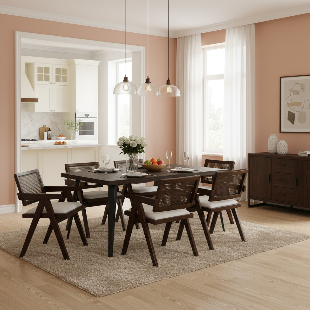 Homy Casa Stan 7PC Dining Set 63” Clear Glass Table with 6 Xuzids Mid-Century Rattan Back Chairs