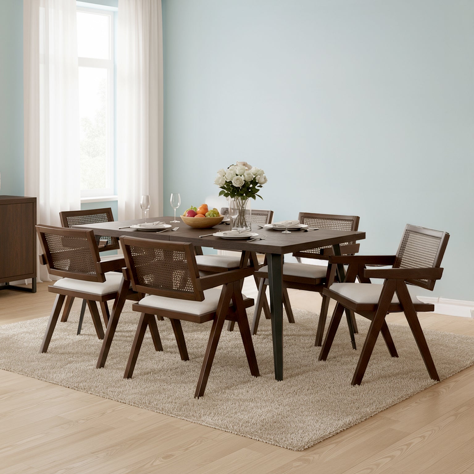 Homy Casa Stan 7PC Dining Set 63” Clear Glass Table with 6 Xuzids Mid-Century Rattan Back Chairs