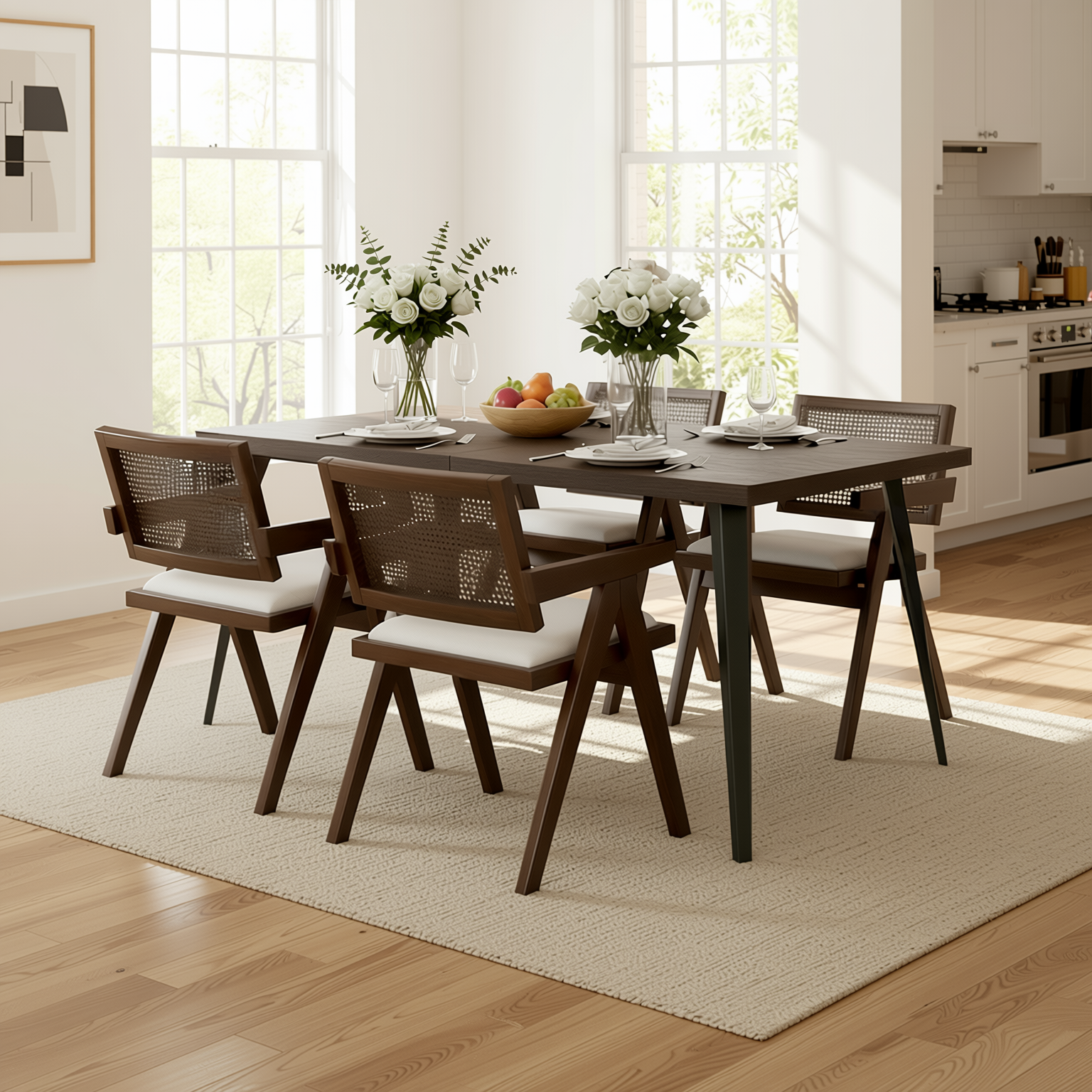 Homy Casa Stan 5PC Dining Set 63” Clear Glass Table with 4 Xuzids Mid-Century Rattan Back Chairs