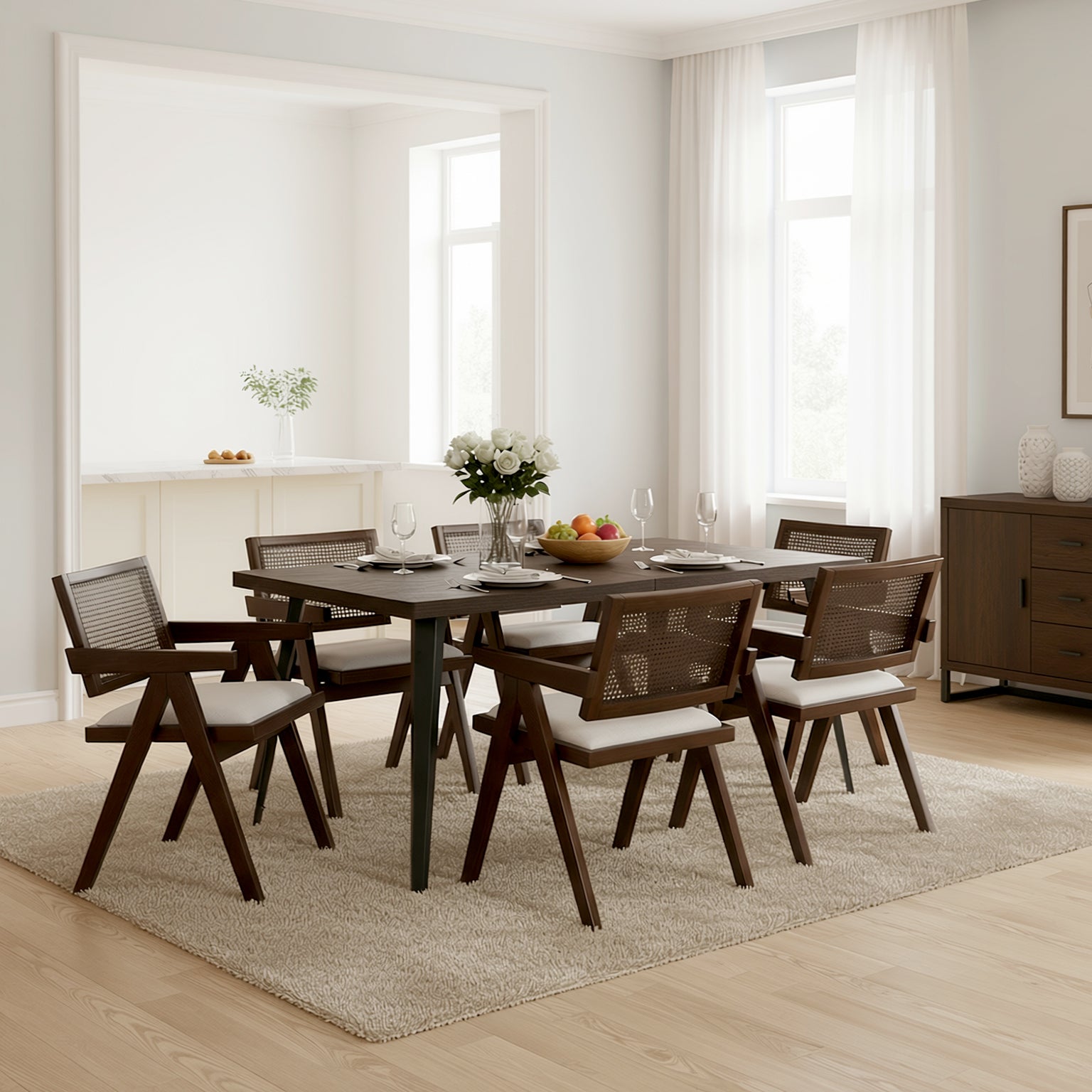 Homy Casa Stan 7PC Dining Set 63” Clear Glass Table with 6 Xuzids Mid-Century Rattan Back Chairs