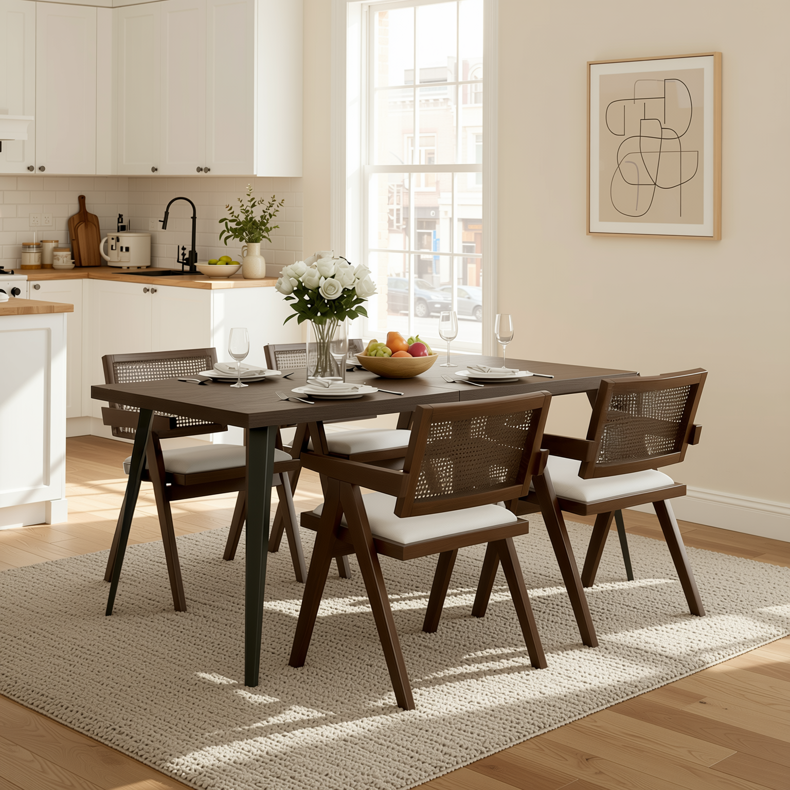 Homy Casa Stan 5PC Dining Set 63” Clear Glass Table with 4 Xuzids Mid-Century Rattan Back Chairs