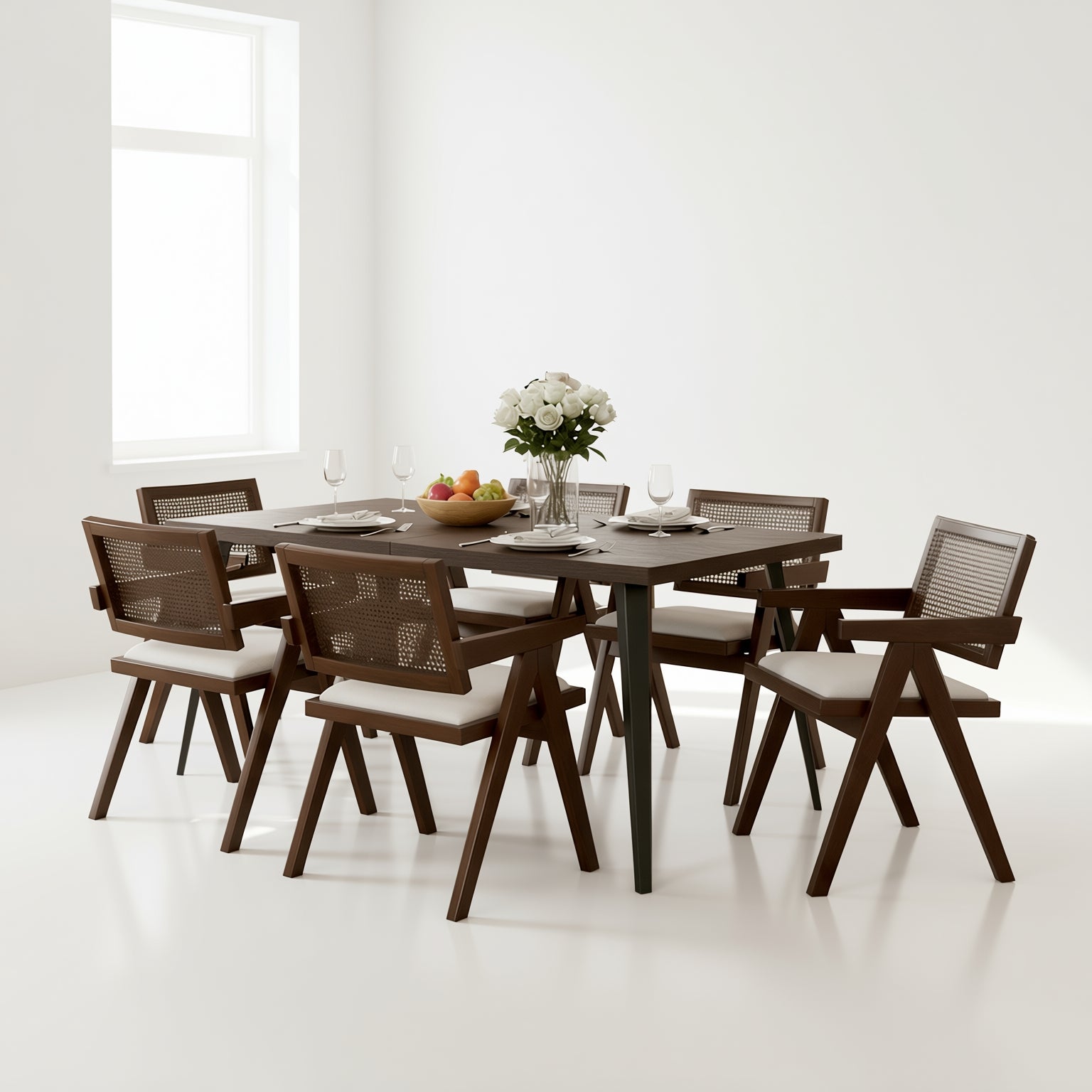 Homy Casa Stan 7PC Dining Set 63” Clear Glass Table with 6 Xuzids Mid-Century Rattan Back Chairs