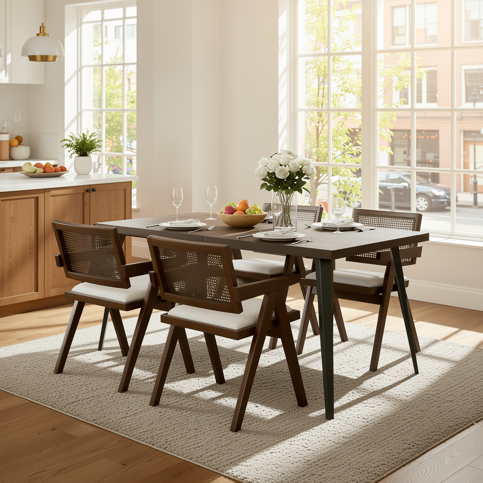 Homy Casa Stan 5PC Dining Set 63” Clear Glass Table with 4 Xuzids Mid-Century Rattan Back Chairs
