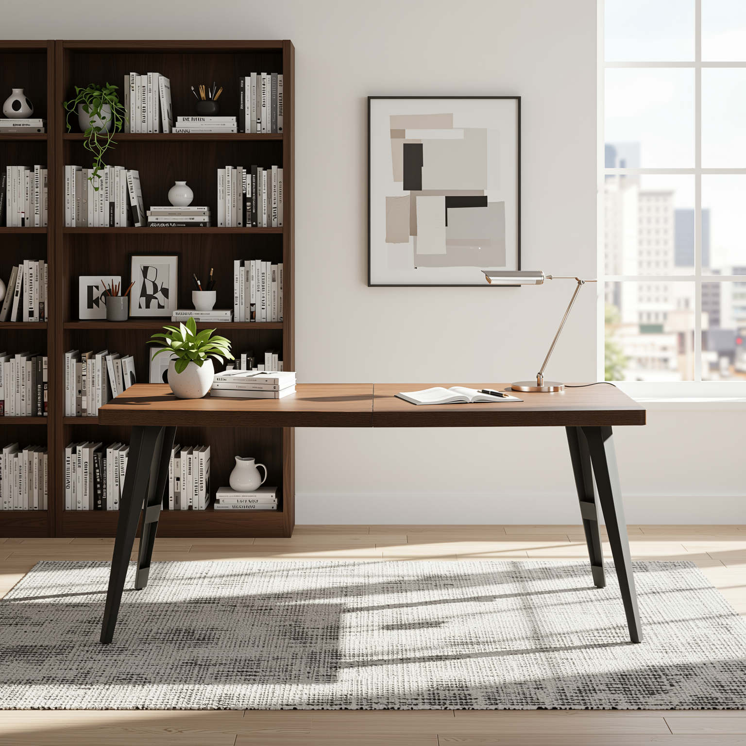 Homy Casa Stan 63" Dining Table with Wood Grain Top and Black Metal Legs, Dark Brown,Open Box