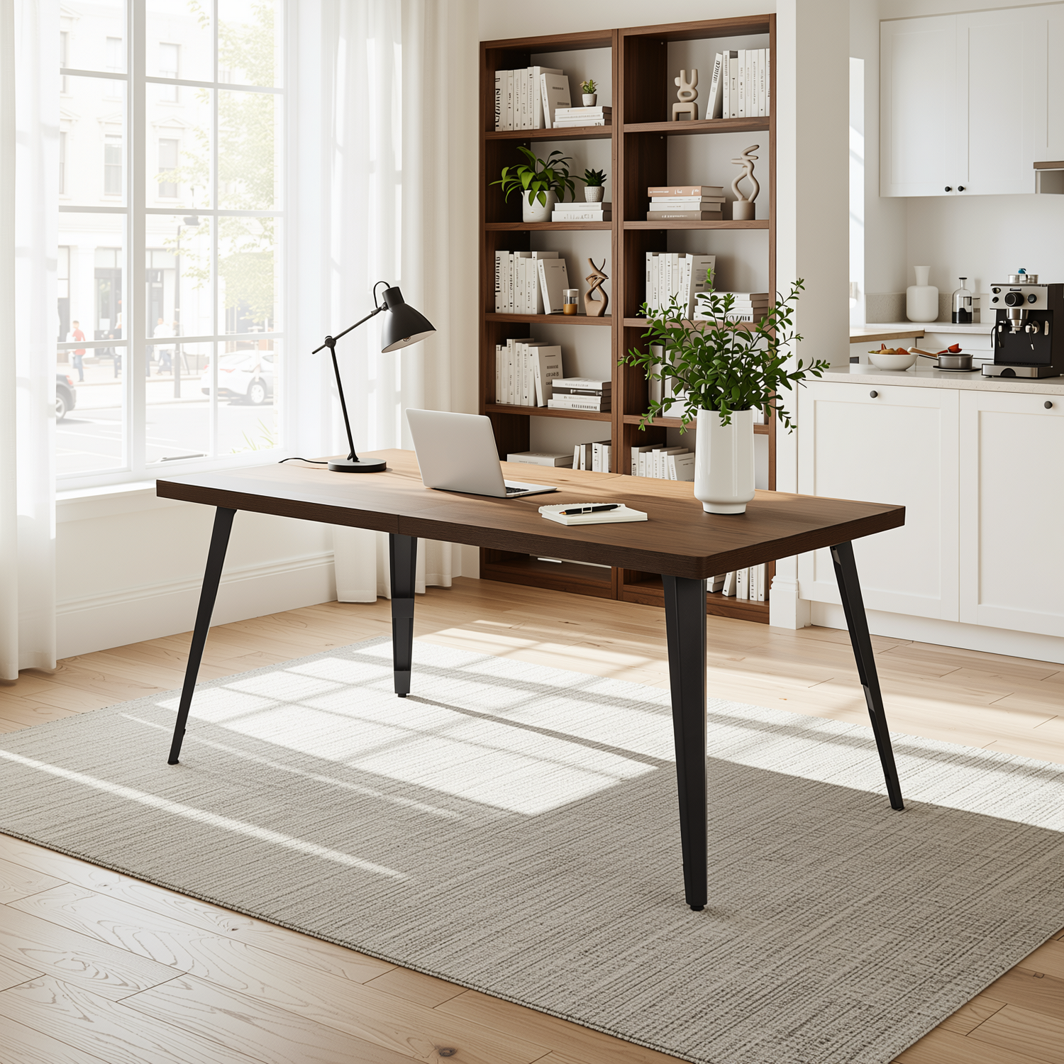 Homy Casa Stan 5PC Dining Set 63” Brown Table with 4 Siget Upholstered Solid Wood Chairs