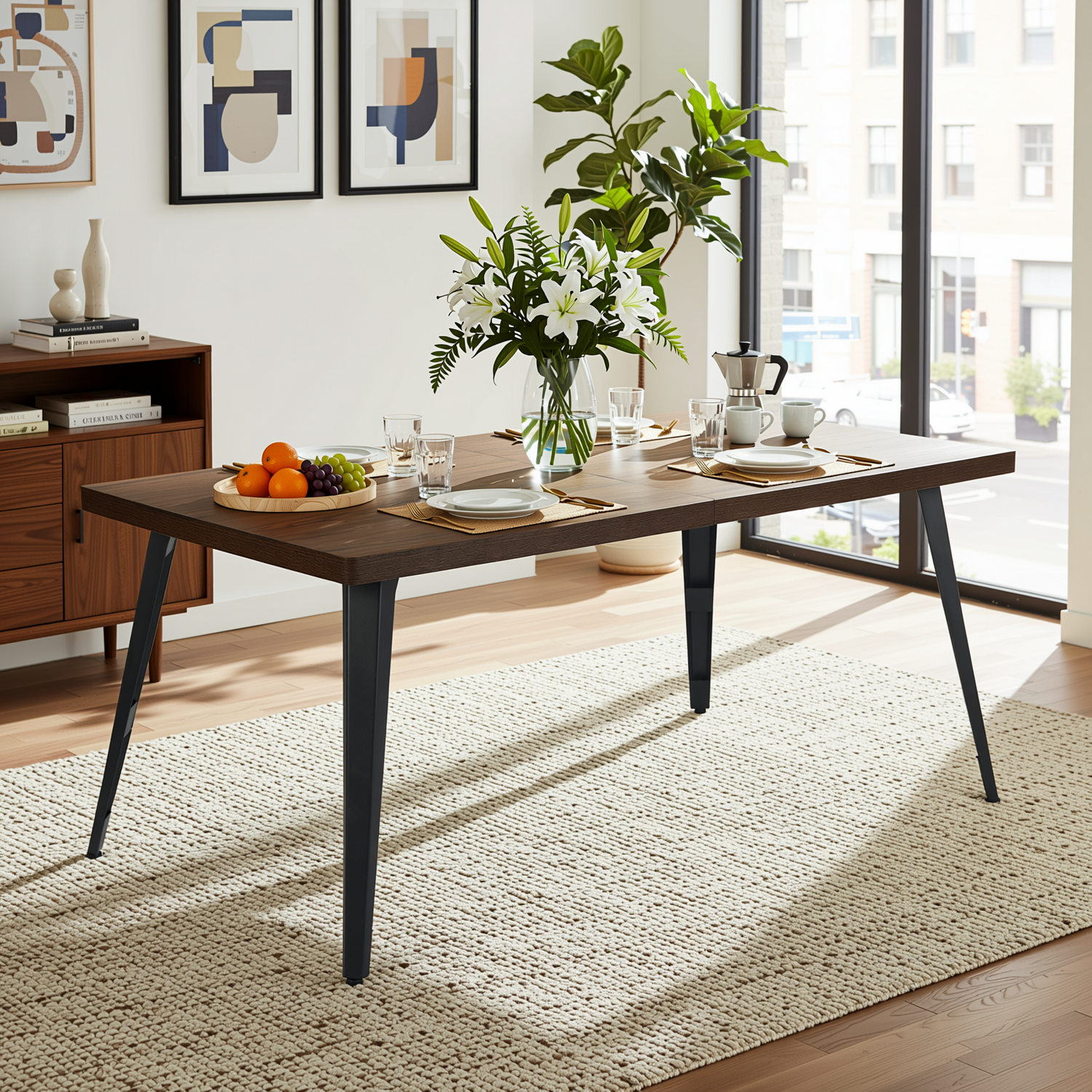 Homy Casa Stan 5PC Dining Set 63” Brown Table with 4 Siget Upholstered Solid Wood Chairs
