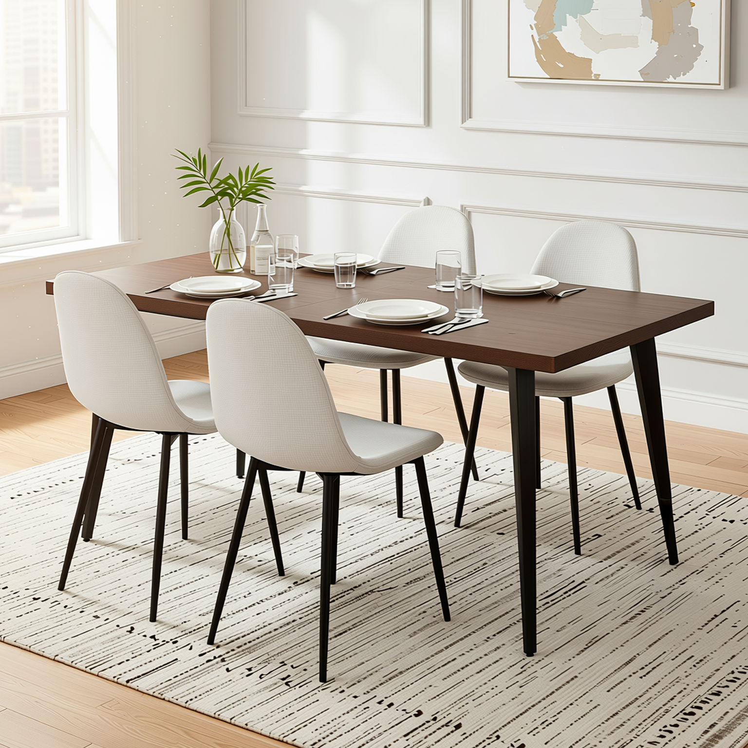 Homy Casa STAN+CHARLTON 5PC Dining Set 63" Rectangular Dark Brown Table with 4 Beige Barrel Fabric Chairs