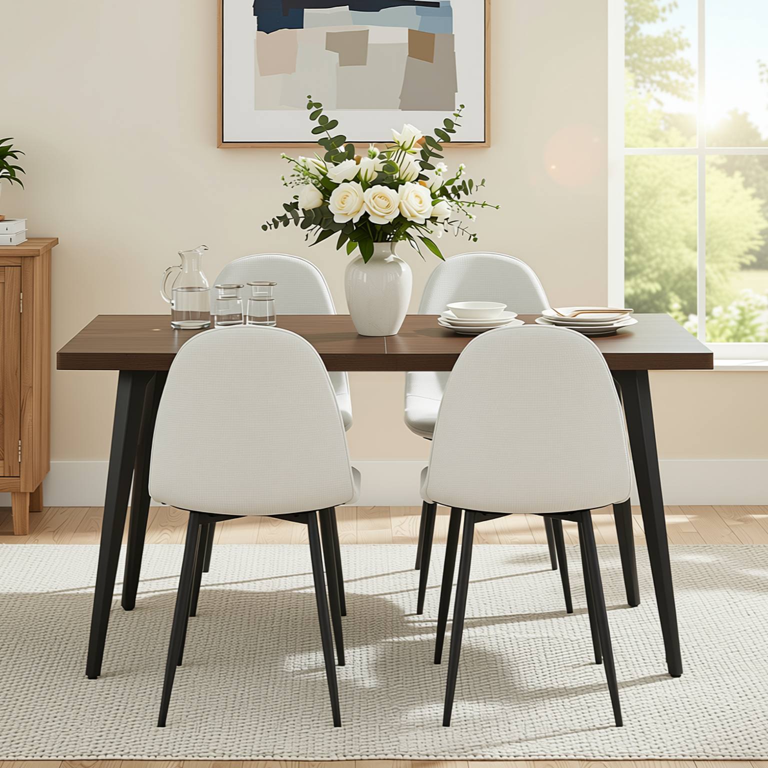 Homy Casa STAN+CHARLTON 5PC Dining Set 63" Rectangular Dark Brown Table with 4 Beige Barrel Fabric Chairs