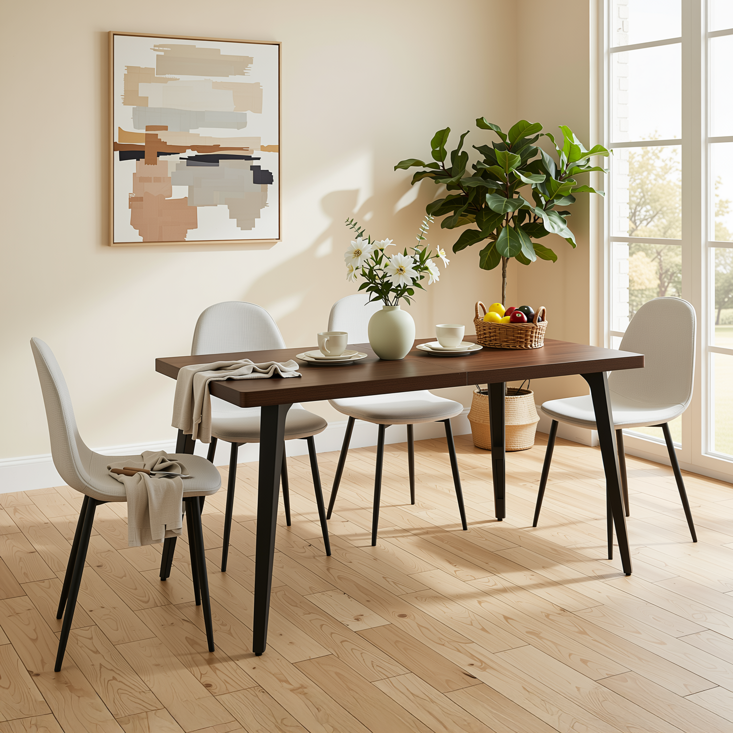 Homy Casa STAN+CHARLTON 5PC Dining Set 63" Rectangular Dark Brown Table with 4 Beige Barrel Fabric Chairs