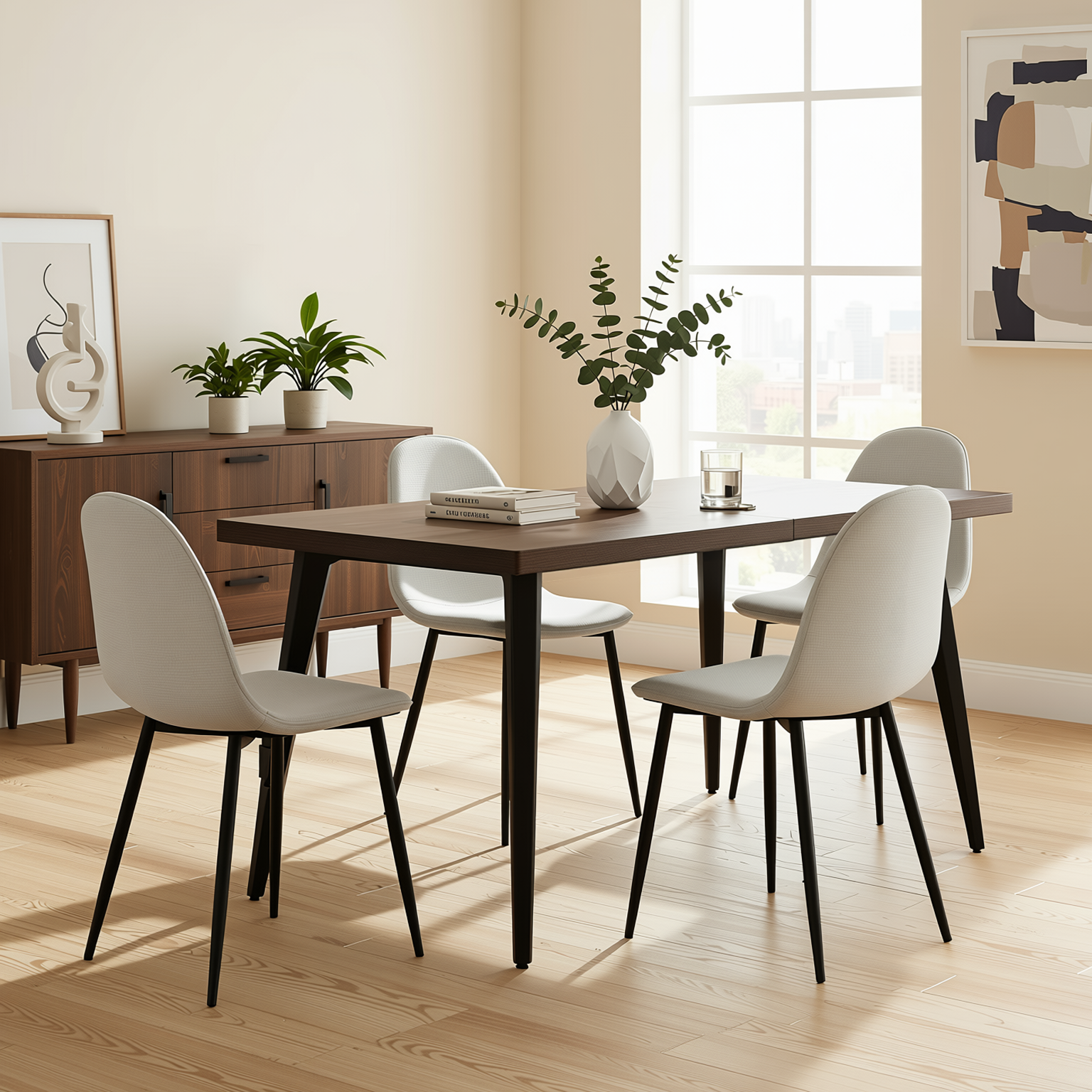 Homy Casa STAN+CHARLTON 5PC Dining Set 63" Rectangular Dark Brown Table with 4 Beige Barrel Fabric Chairs
