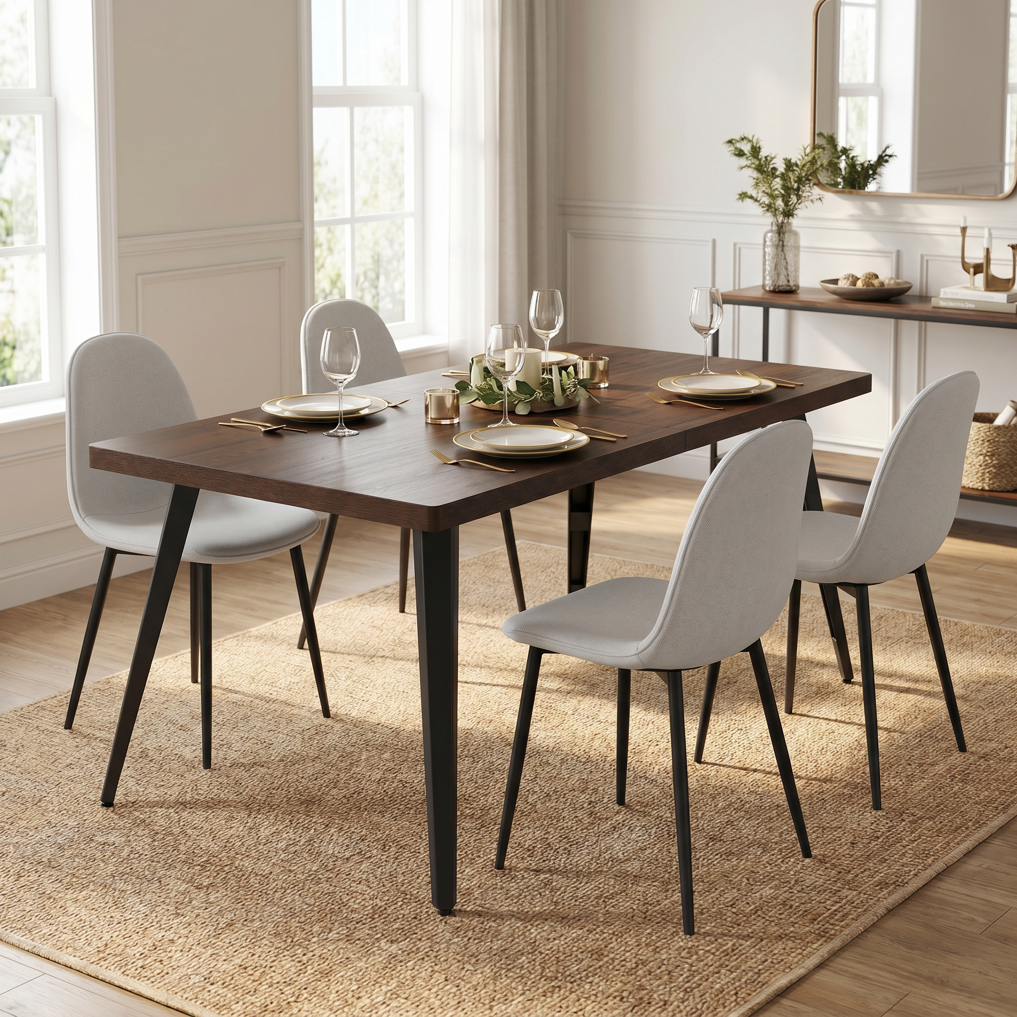 Homy Casa STAN+CHARLTON 5PC Dining Set 63" Rectangular Dark Brown Table with 4 Beige Barrel Fabric Chairs
