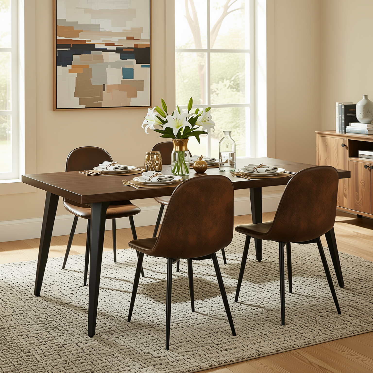 Homy Casa STAN+CHARLTON 5PC Dining Set 63" Rectangular Dark Brown Table with 4 Charlton Brown Suede Upholstered Chairs