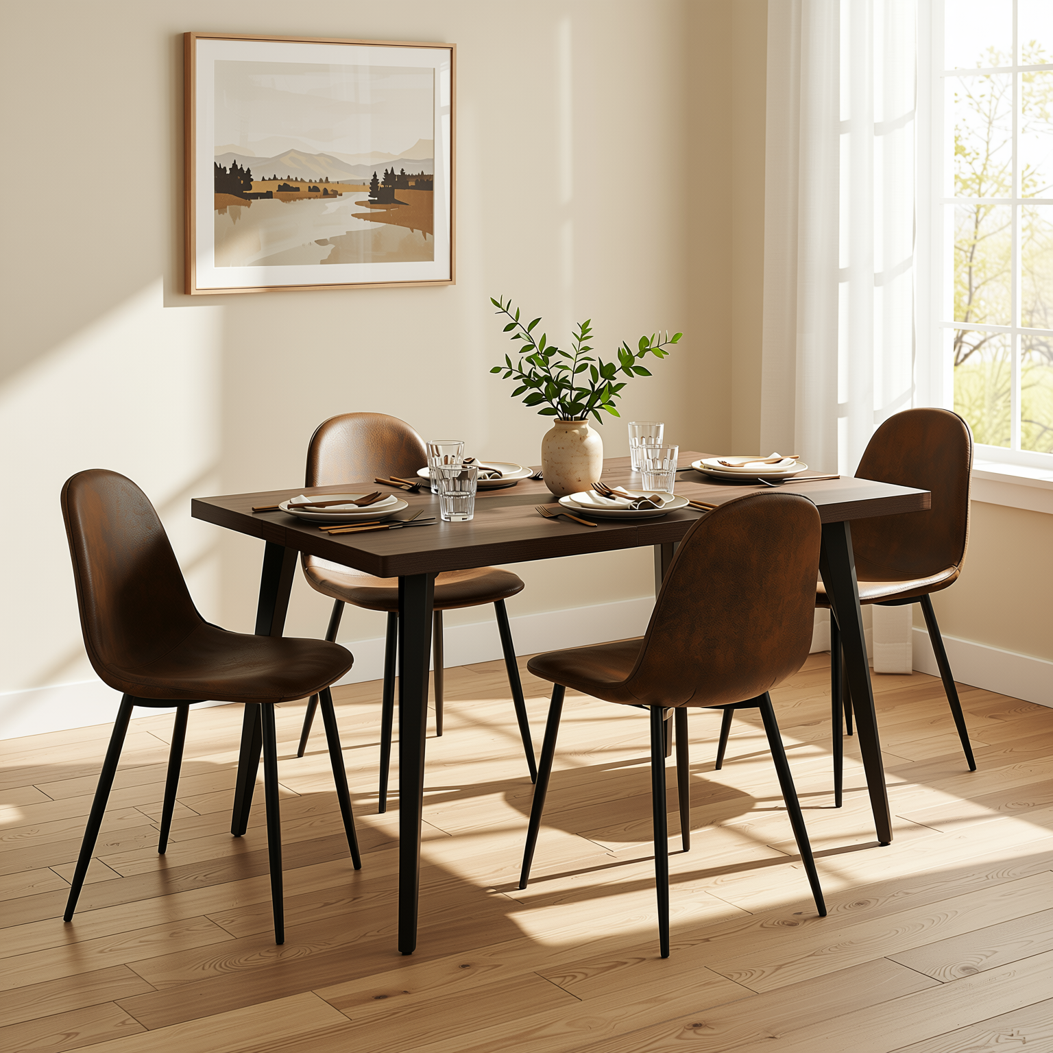Homy Casa STAN+CHARLTON 5PC Dining Set 63" Rectangular Dark Brown Table with 4 Charlton Brown Suede Upholstered Chairs