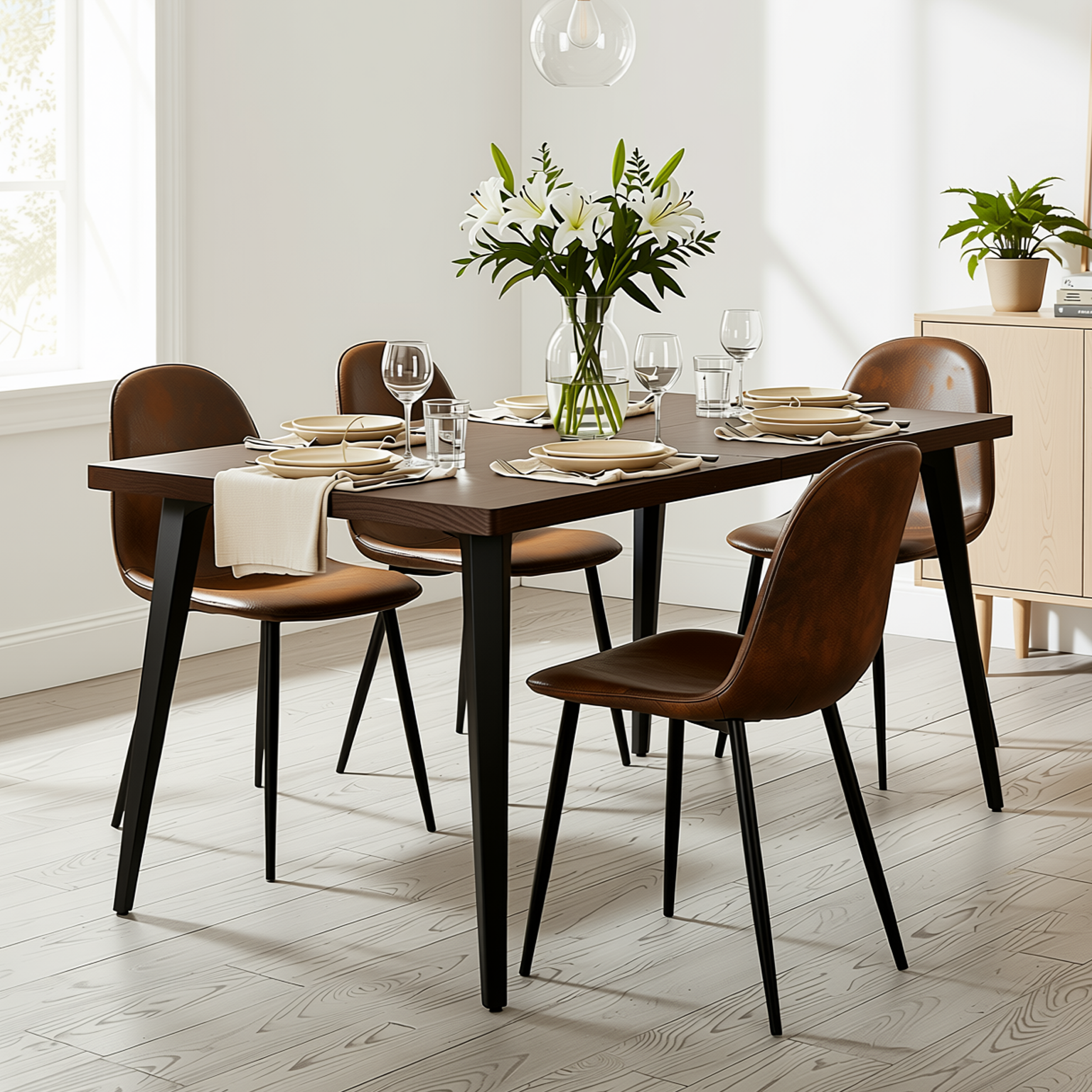 Homy Casa STAN+CHARLTON 5PC Dining Set 63" Rectangular Dark Brown Table with 4 Charlton Brown Suede Upholstered Chairs