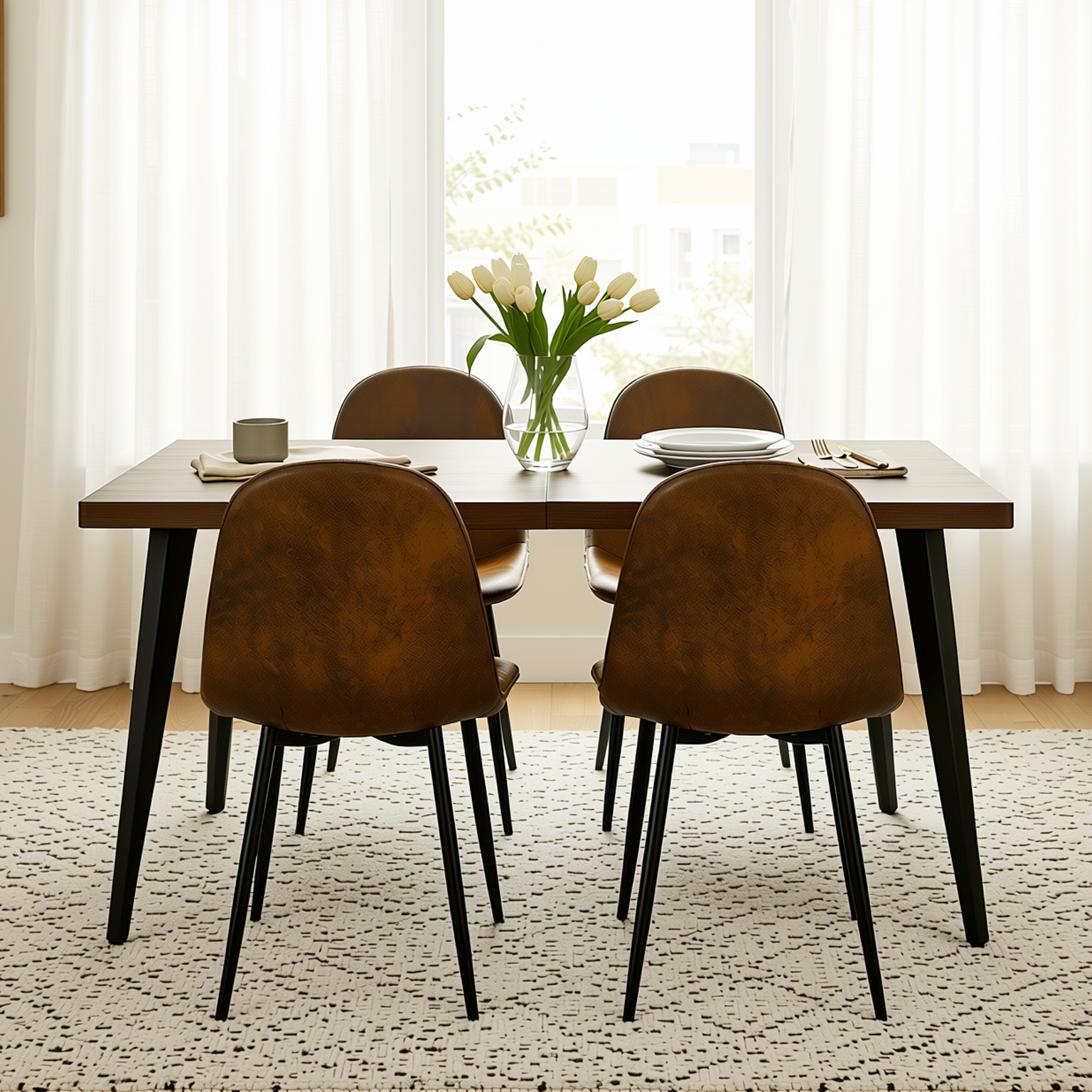 Homy Casa STAN+CHARLTON 5PC Dining Set 63" Rectangular Dark Brown Table with 4 Charlton Brown Suede Upholstered Chairs