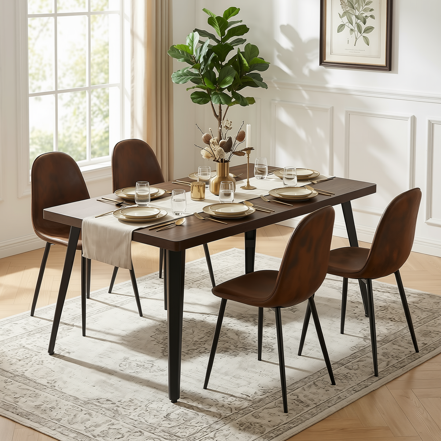 Homy Casa STAN+CHARLTON 5PC Dining Set 63" Rectangular Dark Brown Table with 4 Charlton Brown Suede Upholstered Chairs