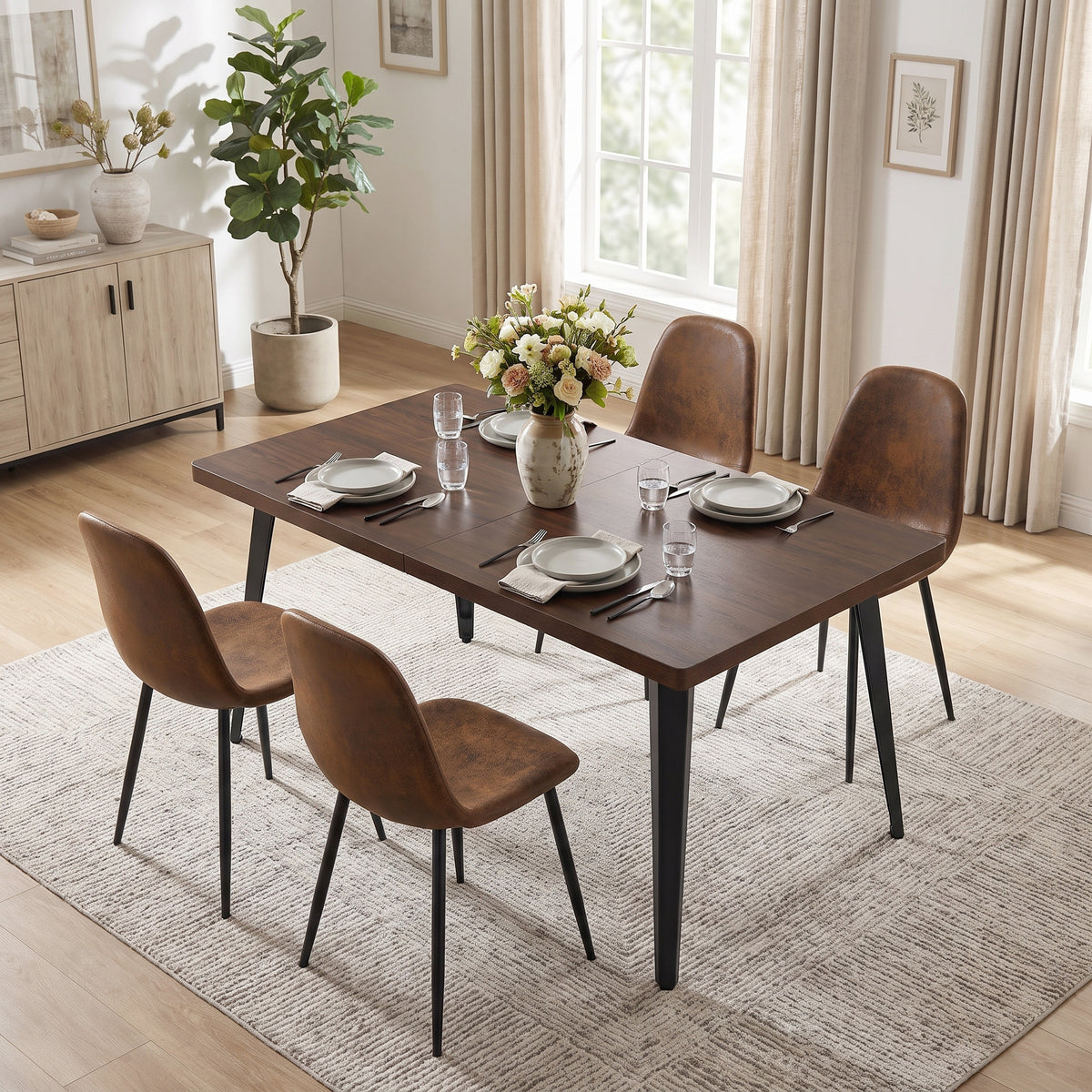 Homy Casa STAN+CHARLTON 5PC Dining Set 63" Brown Dining Table with 4 Charlton Suede Dining Chairs in Dark Brown Open Box