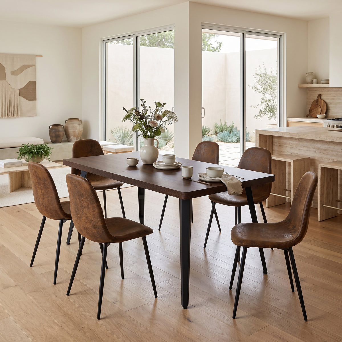 Homy Casa STAN+CHARLTON 7PC Dining Set 63” Dining Table with 6 Charleton Suede Chairs in Dark Brown Open Box