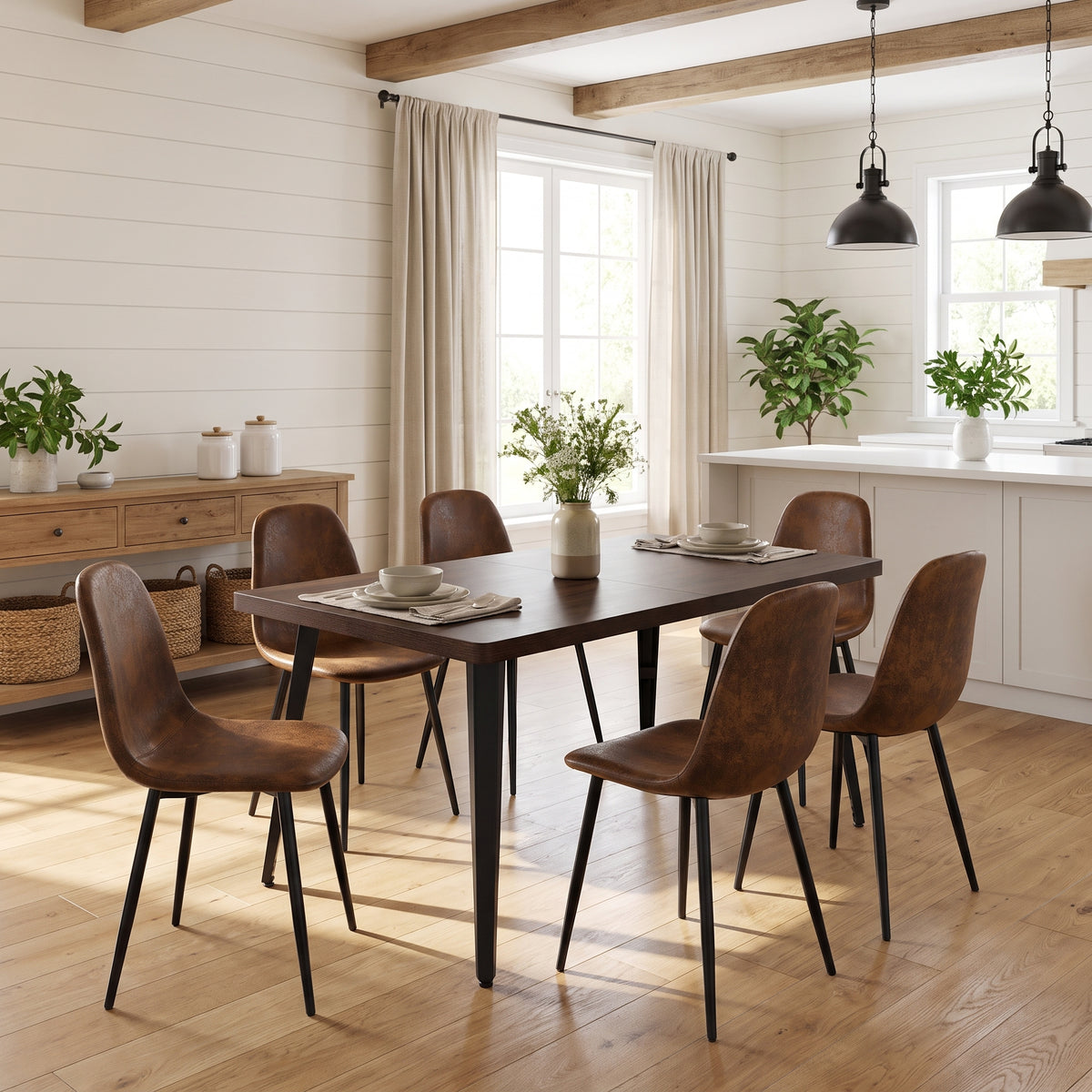 Homy Casa STAN+CHARLTON 7PC Dining Set 63” Dining Table with 6 Charleton Suede Chairs in Dark Brown Open Box