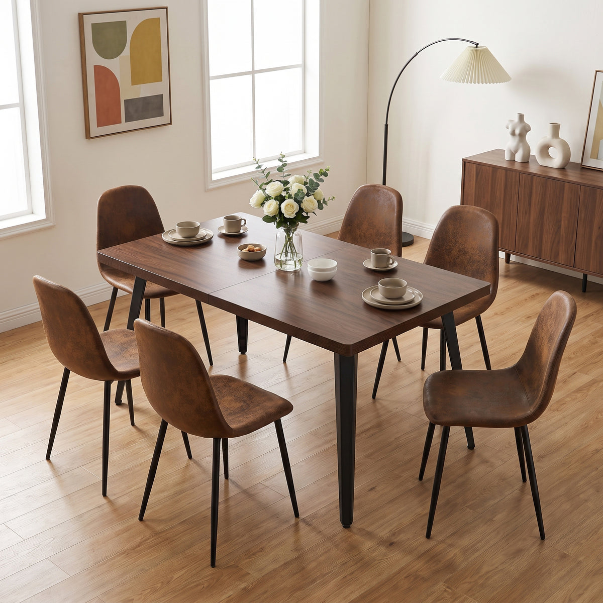 Homy Casa STAN+CHARLTON 7PC Dining Set 63” Dining Table with 6 Charleton Suede Chairs in Dark Brown Open Box